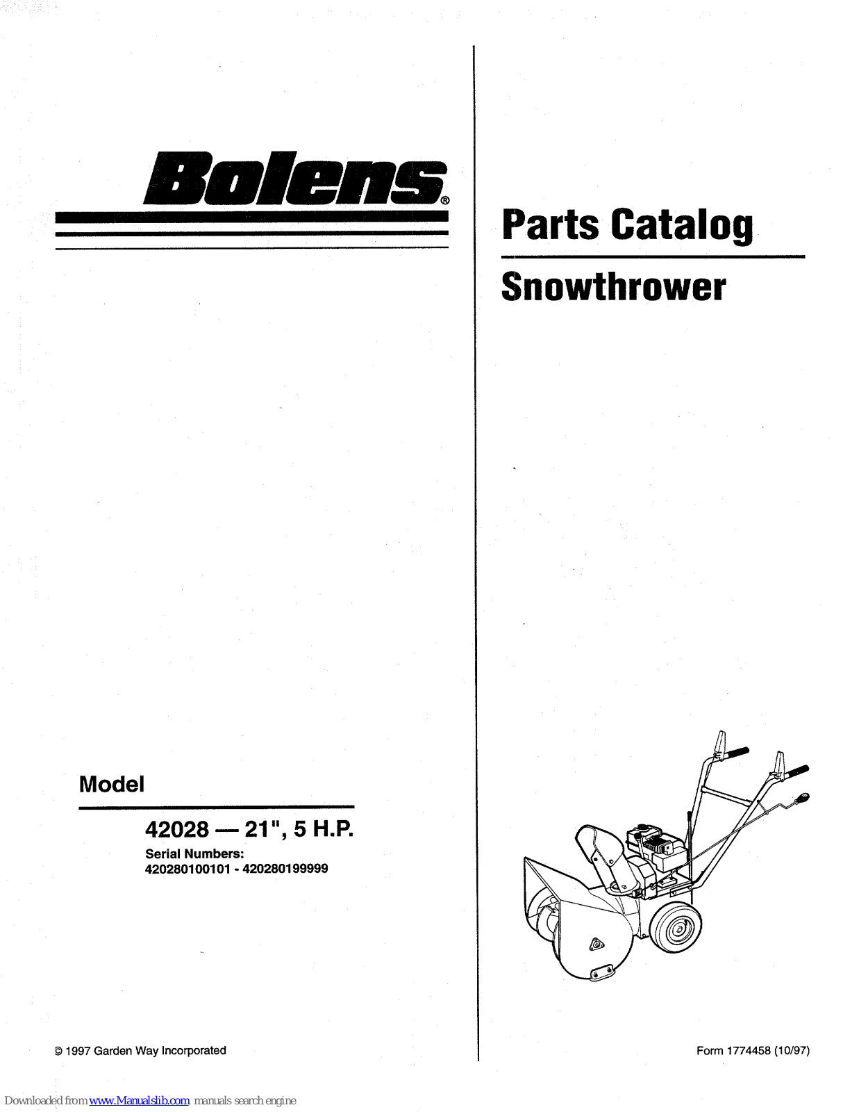 Bolens SNOW THROWER 42028 Parts Catalog