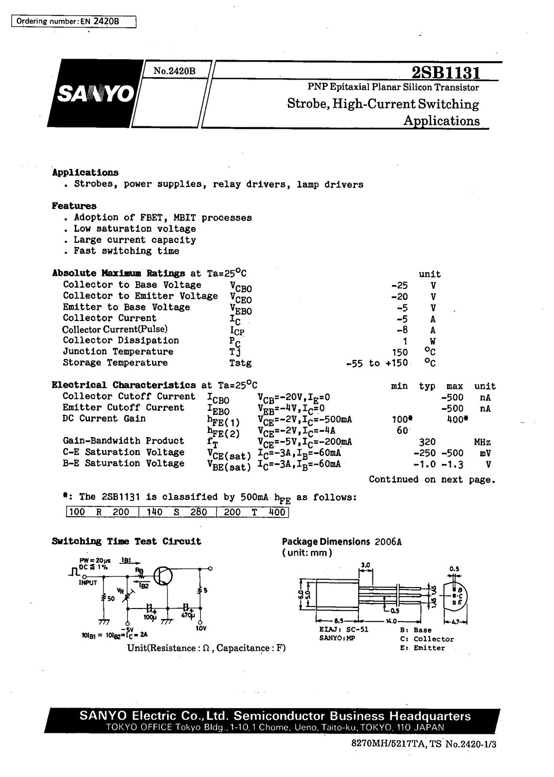 SANYO 2SB1131 Datasheet