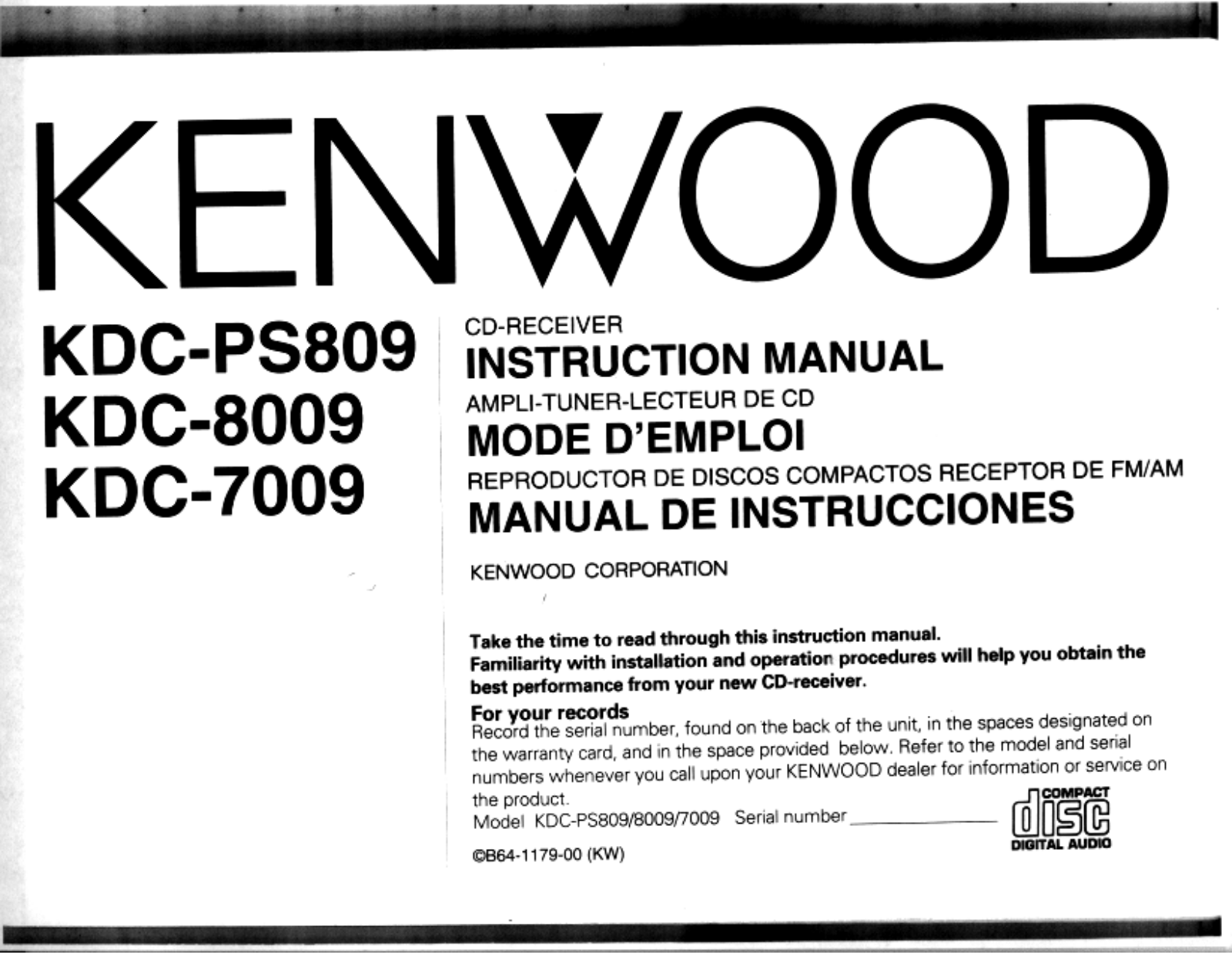 Kenwood KDC-PS809, KDC-8009, KDC-7009 Owner's Manual