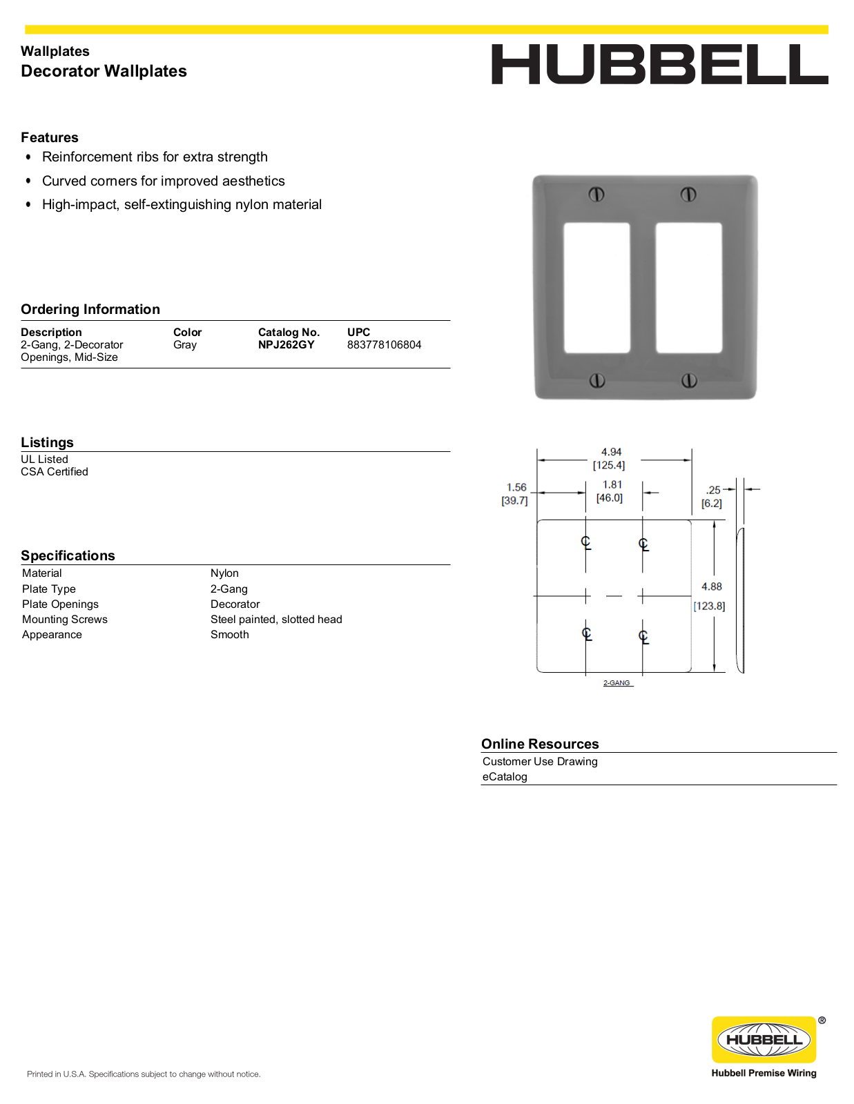 Hubbell NPJ262GY Specifications