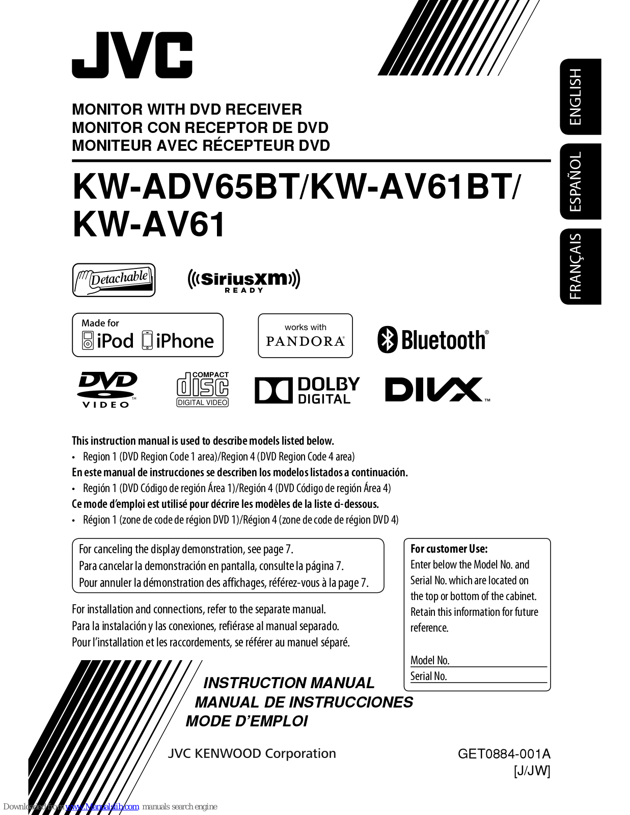 JVC KW-ADV65BT, KW-ADV61, KW-ADV61BT, KW-AV61, KW-AV61BT Instruction Manual