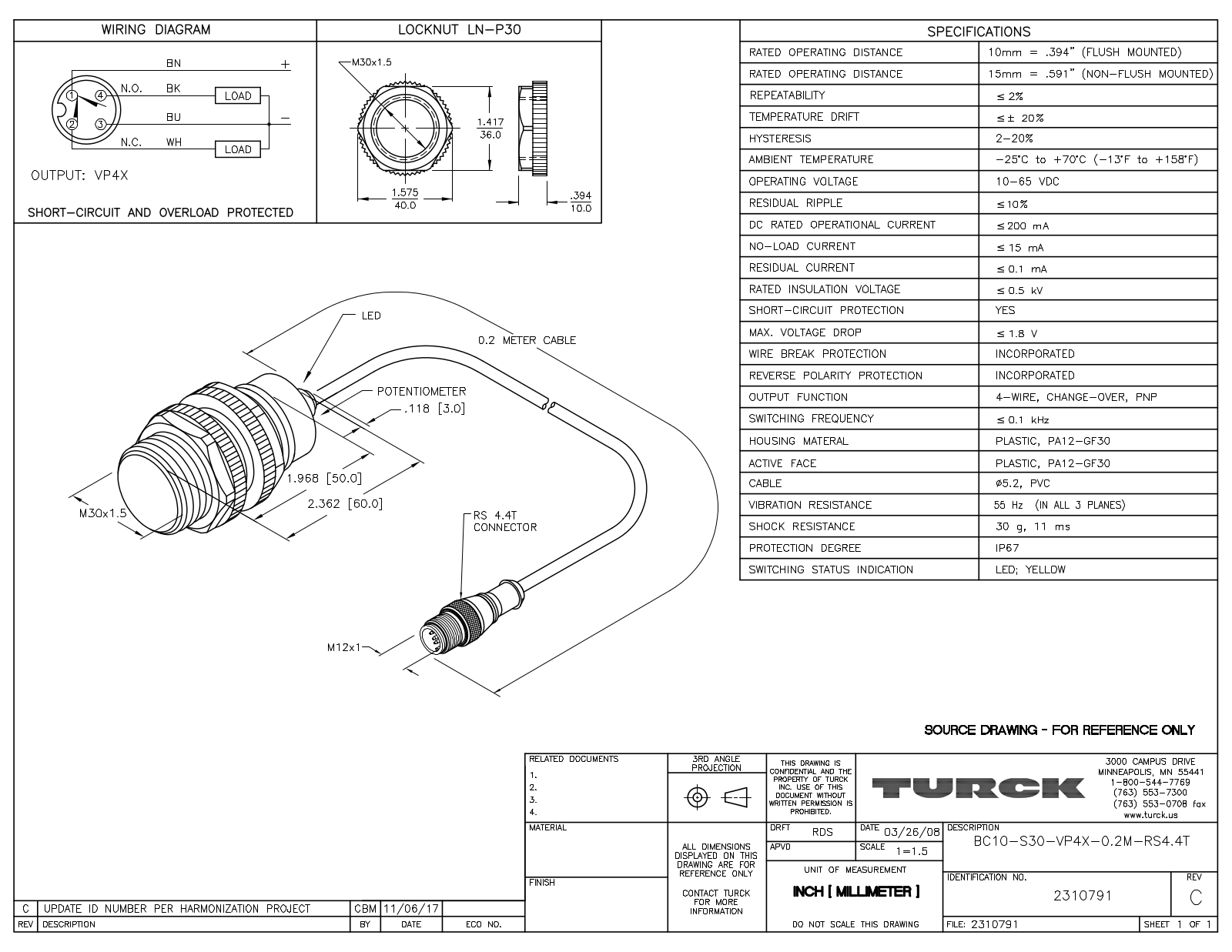 Turck BC10-S30-VP4X-0.2-RS4.4T Data Sheet