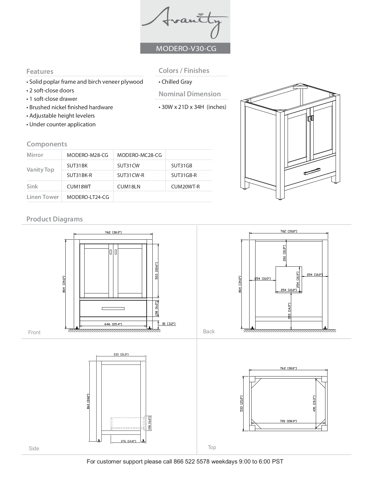 Avanity MODEROVS30WTA, MODEROVS30CGC, MODEROVS30CGB, MODEROVS30CGA, MODEROV30WT Specifications