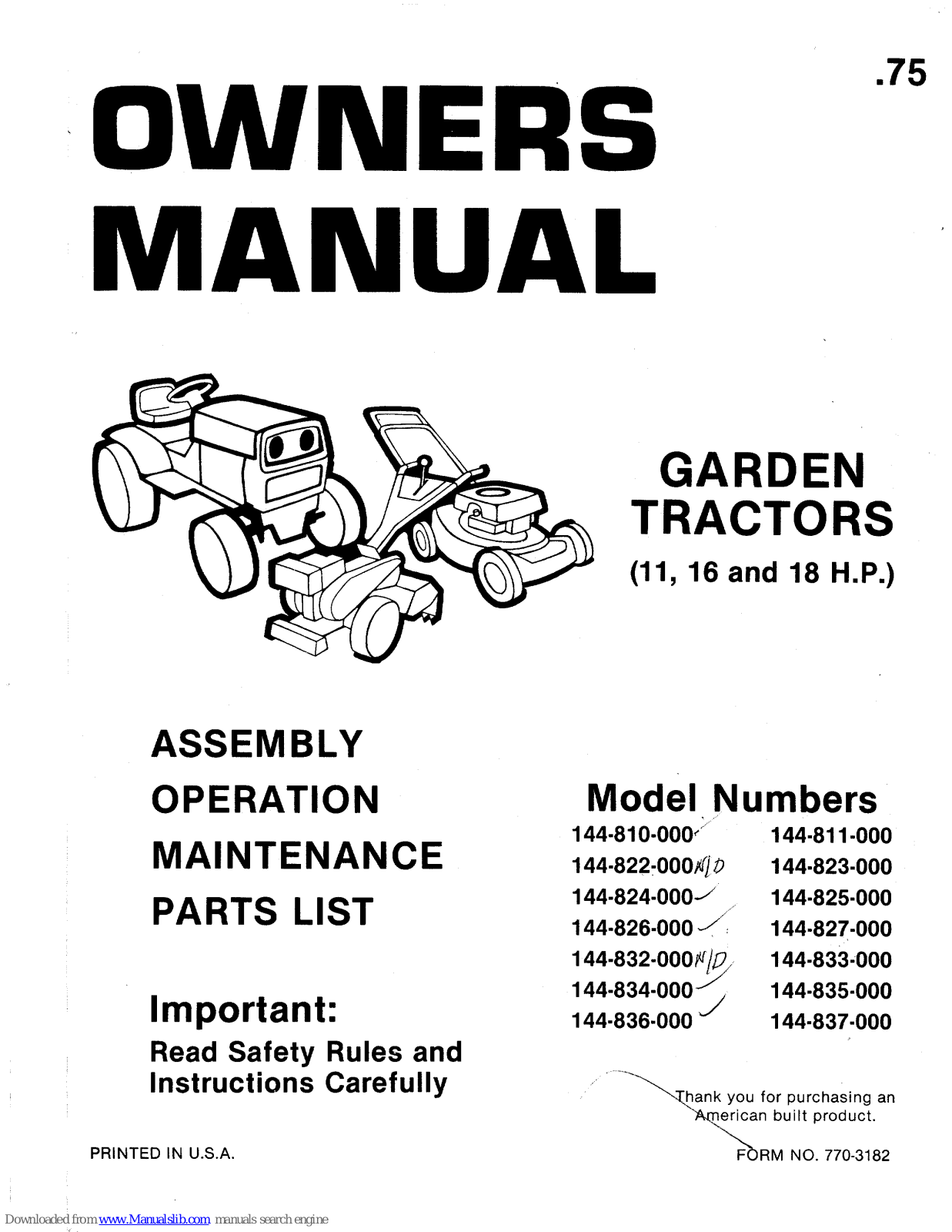 MTD 144-832-000, 144-825-000, 144-833-000, 144-834-000, 144-835-000 Owner's Manual