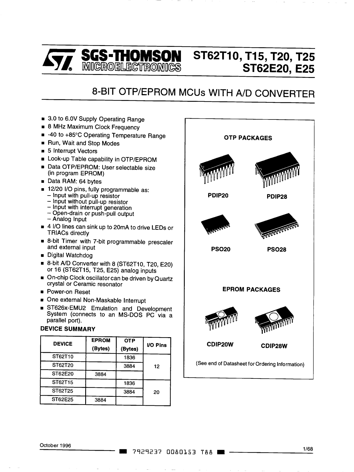 SGS Thomson Microelectronics ST62T15B6-SWD, ST62T25B6-SWD, ST62E20F1-SWD, ST62E20F1-HWD Datasheet