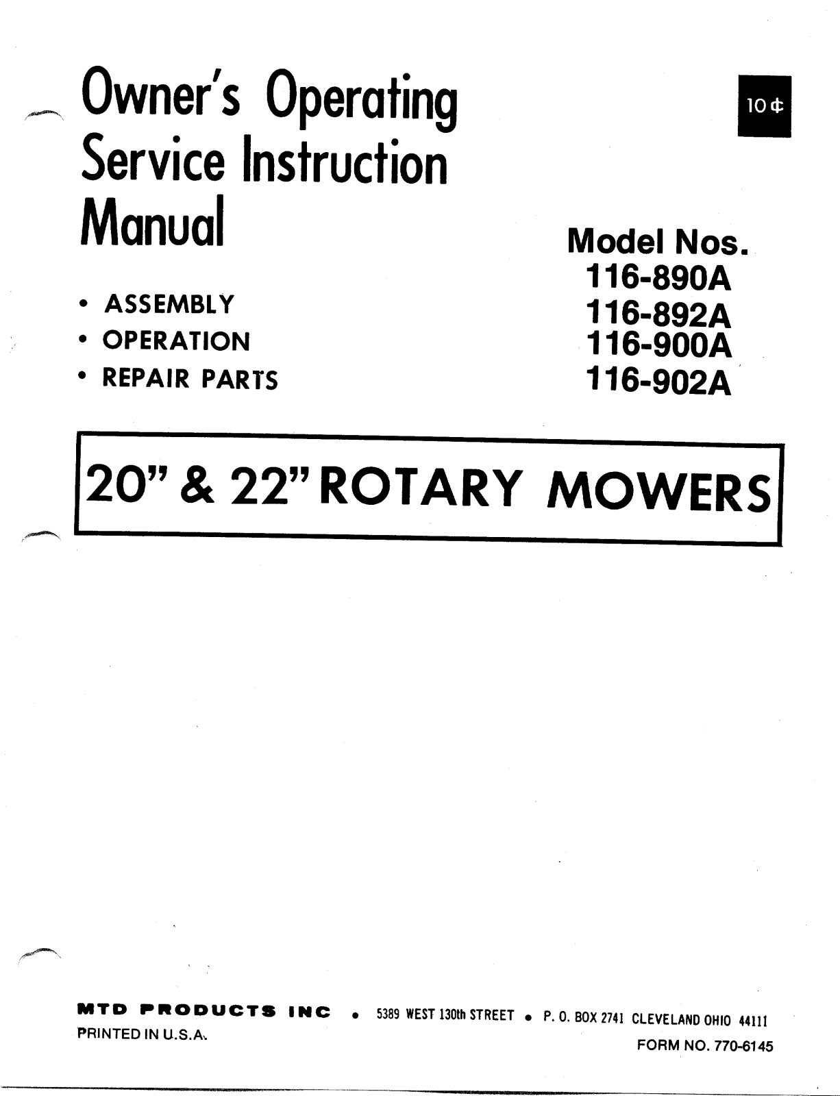 MTD 116-890A, 116-892A, 116-902A, 116-900A User Manual