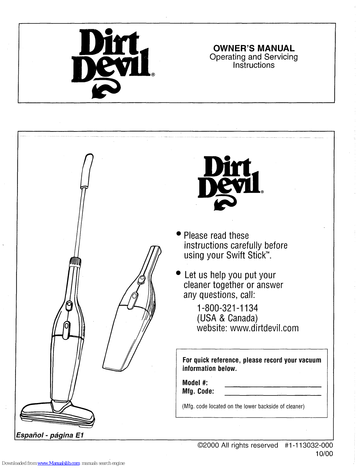 Dirt Devil Swift Stick Owner's Manual - ManualMachine.com