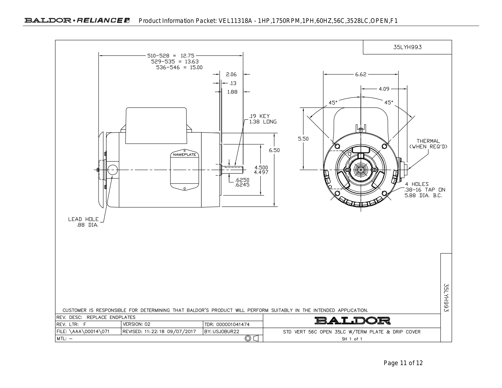 Baldor VEL11318A Product Information Packet