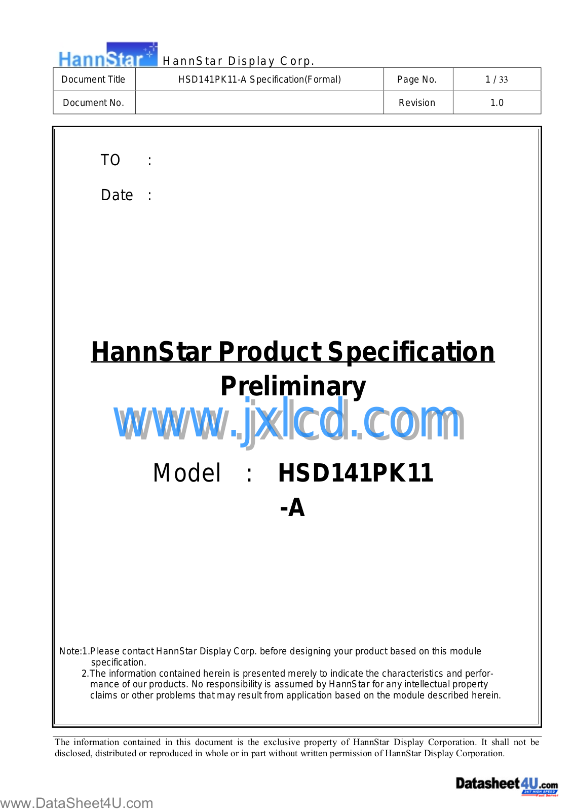 HannStar HSD141PK11-A Product Specification