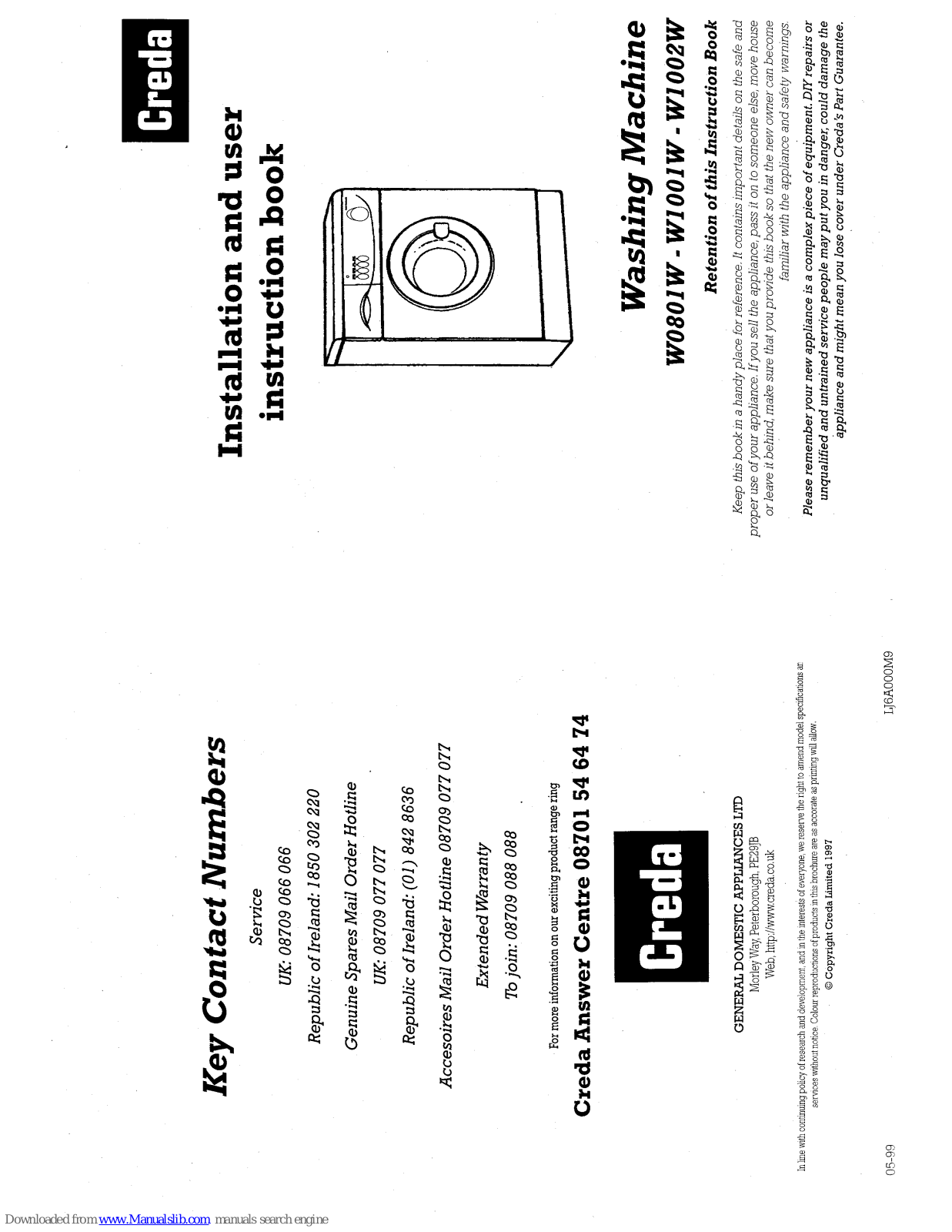 Creda HBW1002, W0801W, W1001W, W1002W Installation And Instruction Manual