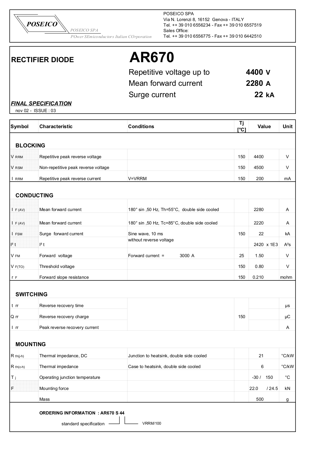 POSEICO AR670S44 Datasheet