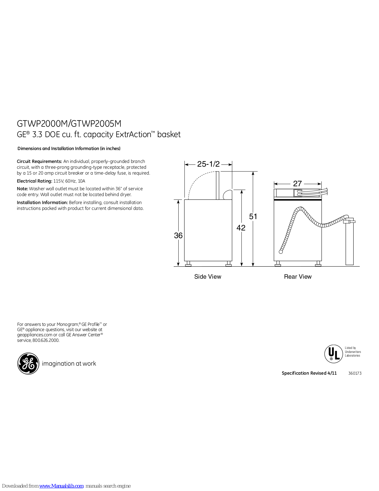 GE GTWP2005M, GTWP1800D, GTWP2000M, GTWP2000MWW, GTWP2005MCC Dimensions And Installation Information