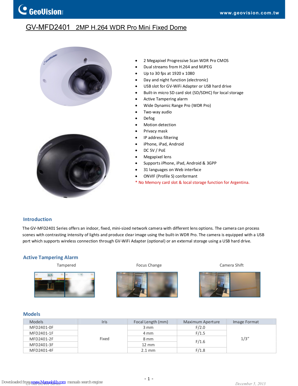 GeoVision MFD2401‐0F, MFD2401‐1F, MFD2401‐2F, MFD2401‐3F, MFD2401‐4F Specifications