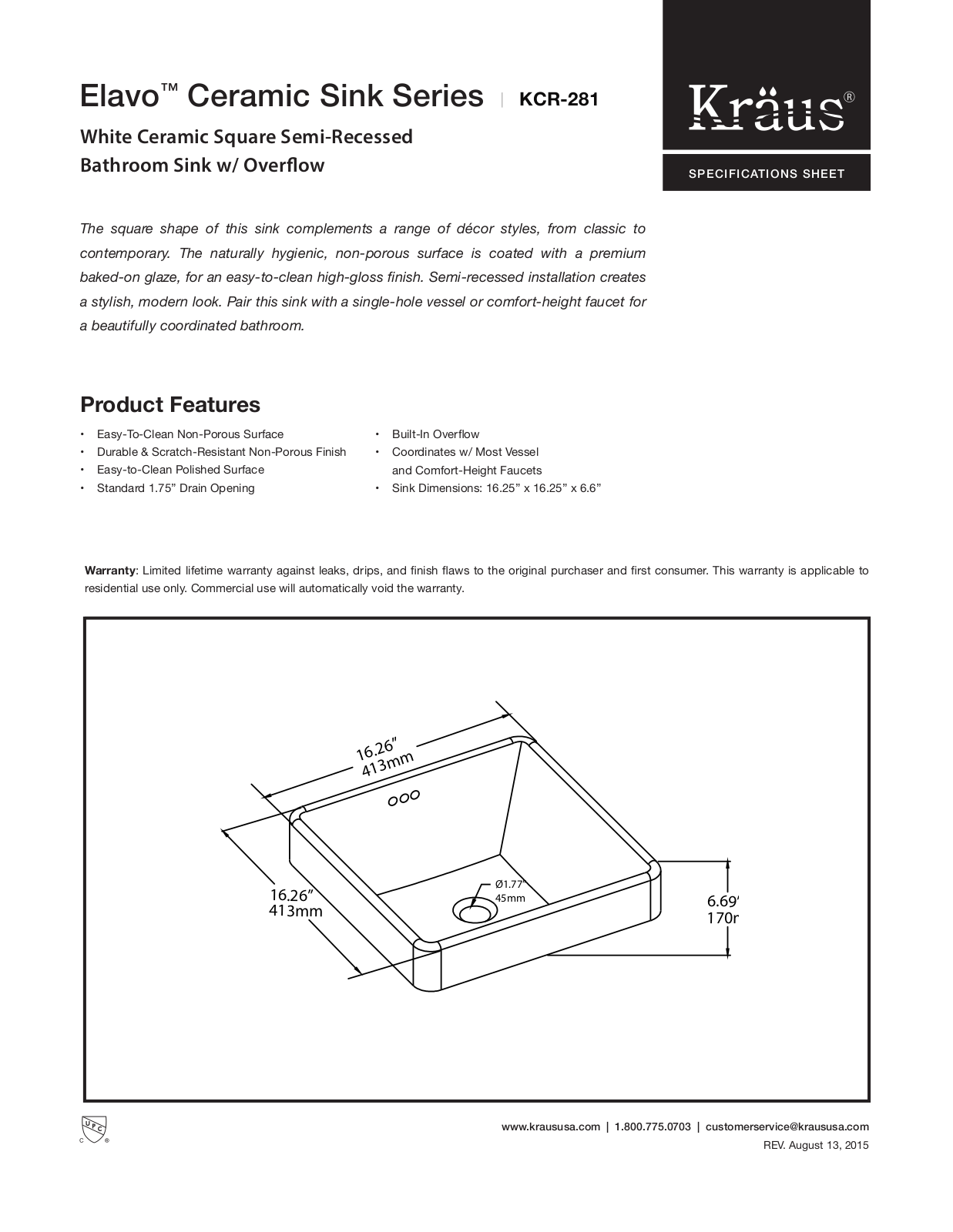 Kraus KCR281BN Specs