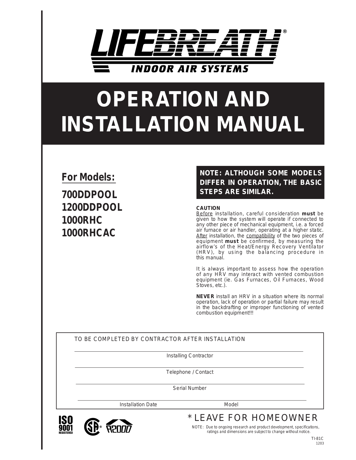 Lifebreath 700DDPOOL, 1000RHCAC, 1200DDPOOL, 1000RHC User Manual