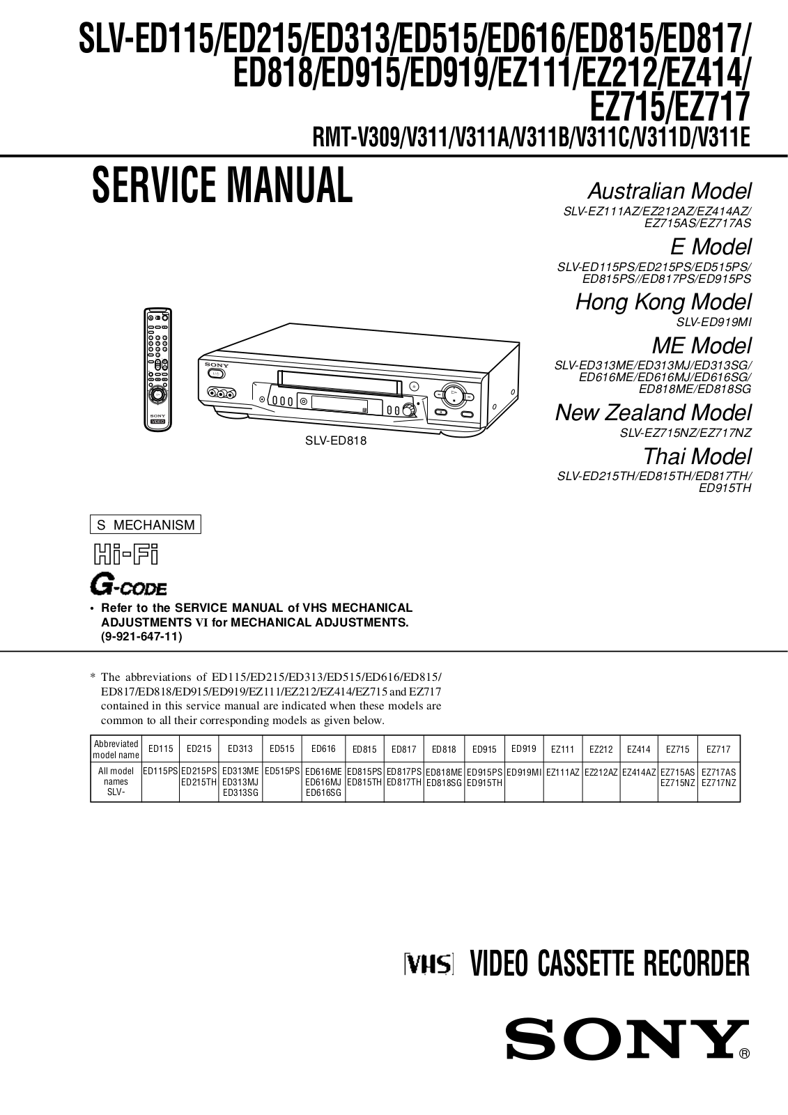 Sony SLV-ED115, SLV-ED215, SLV-ED313, SLV-ED515, SLV-ED616 Service manual