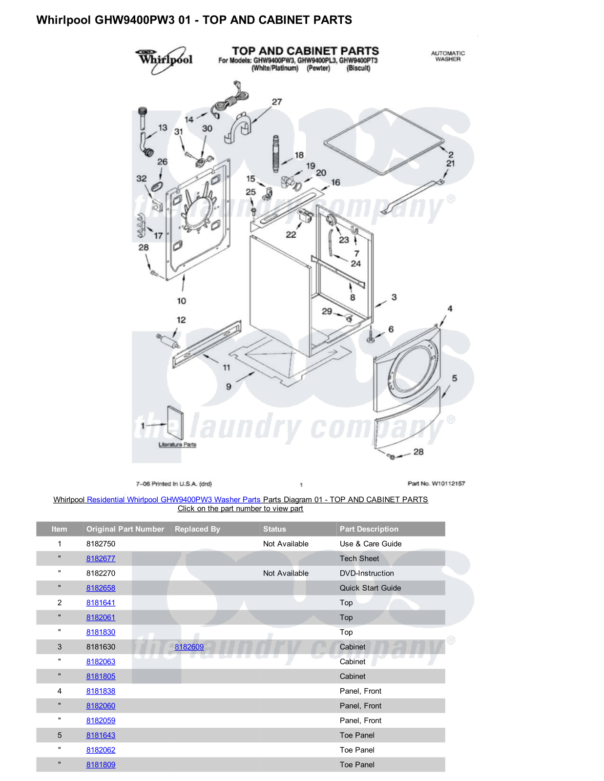 Whirlpool GHW9400PW3 Parts Diagram