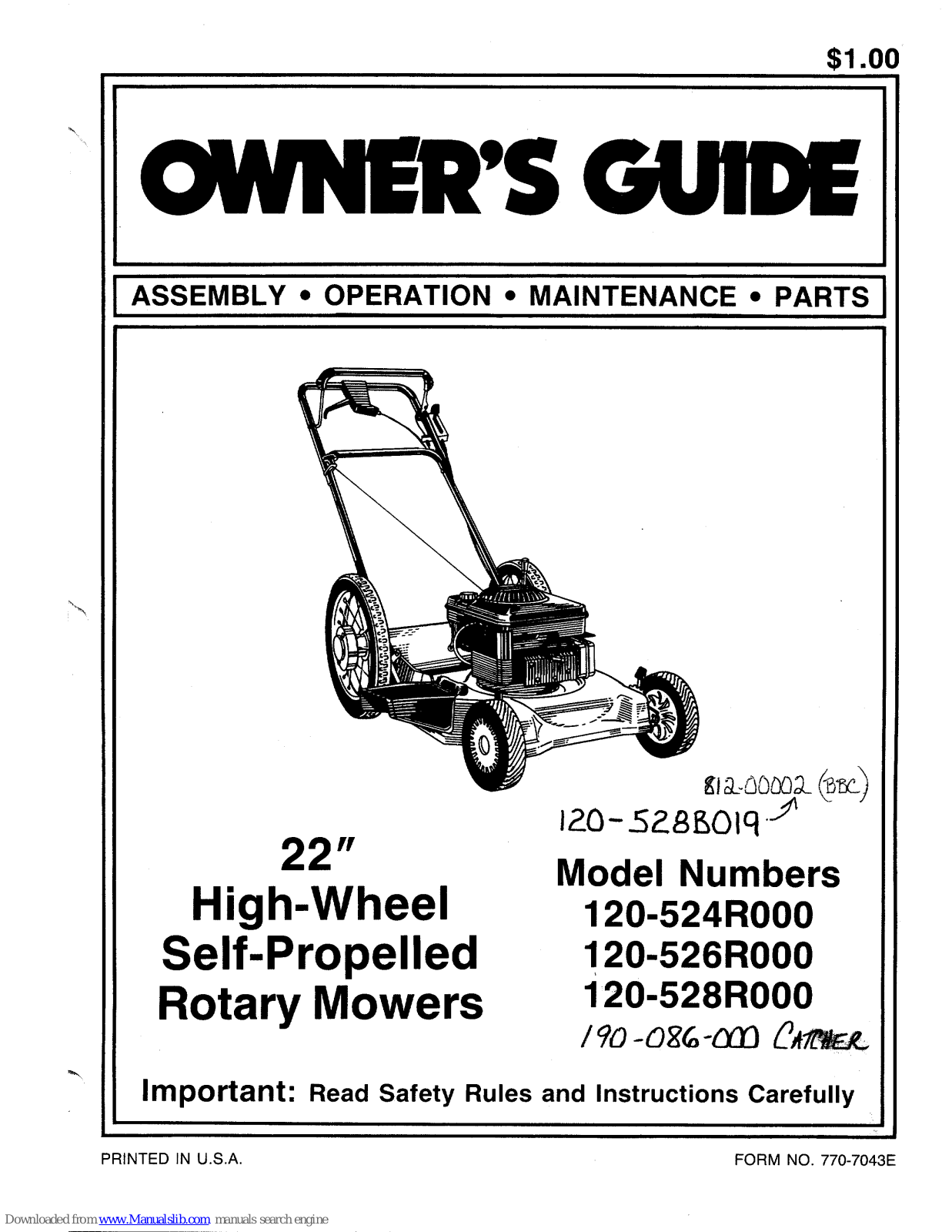 MTD 120-526R000, 120-528R000, 190-086-000, 120-528B019 Owner's Manual