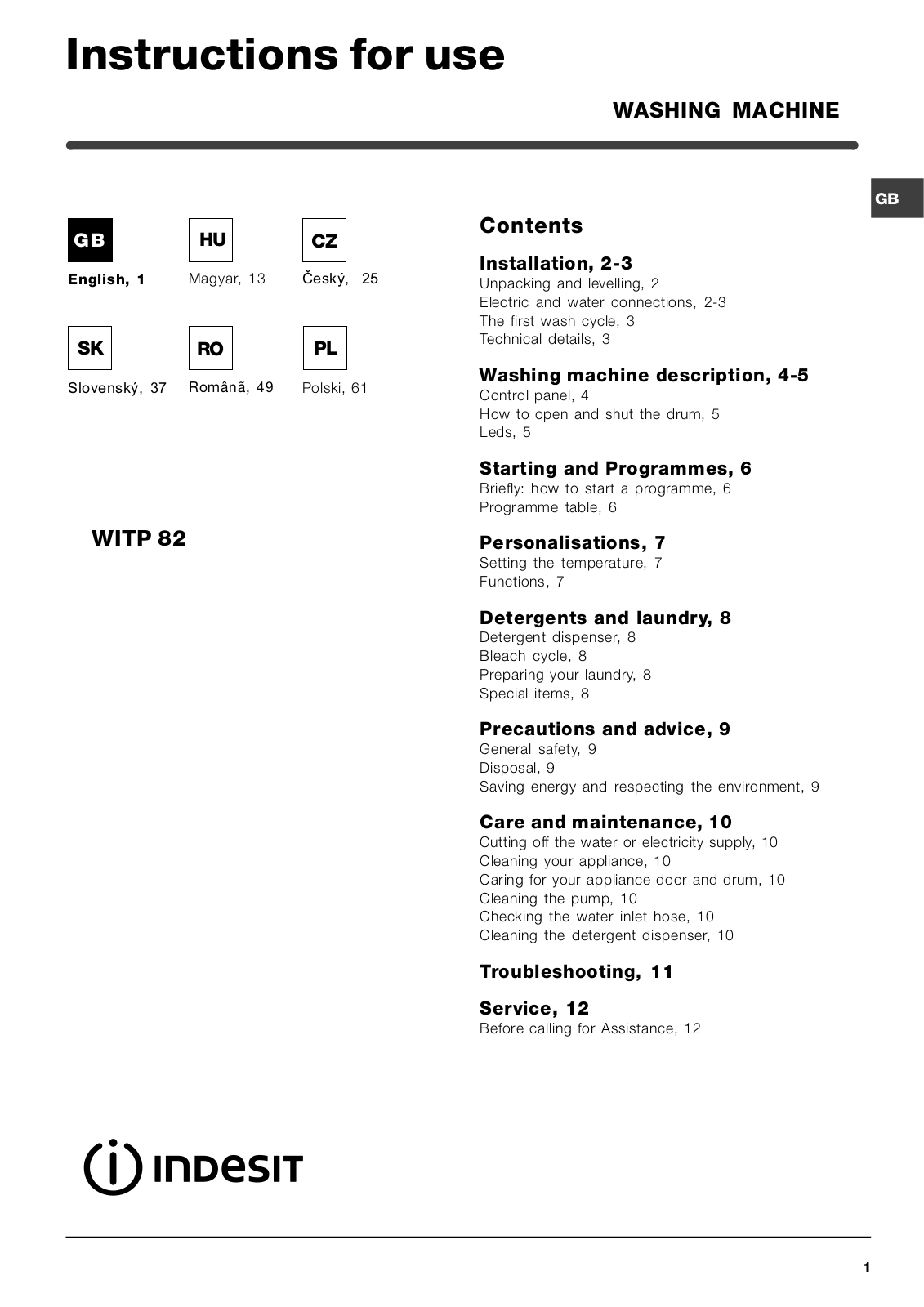Indesit WITP 82 User Manual