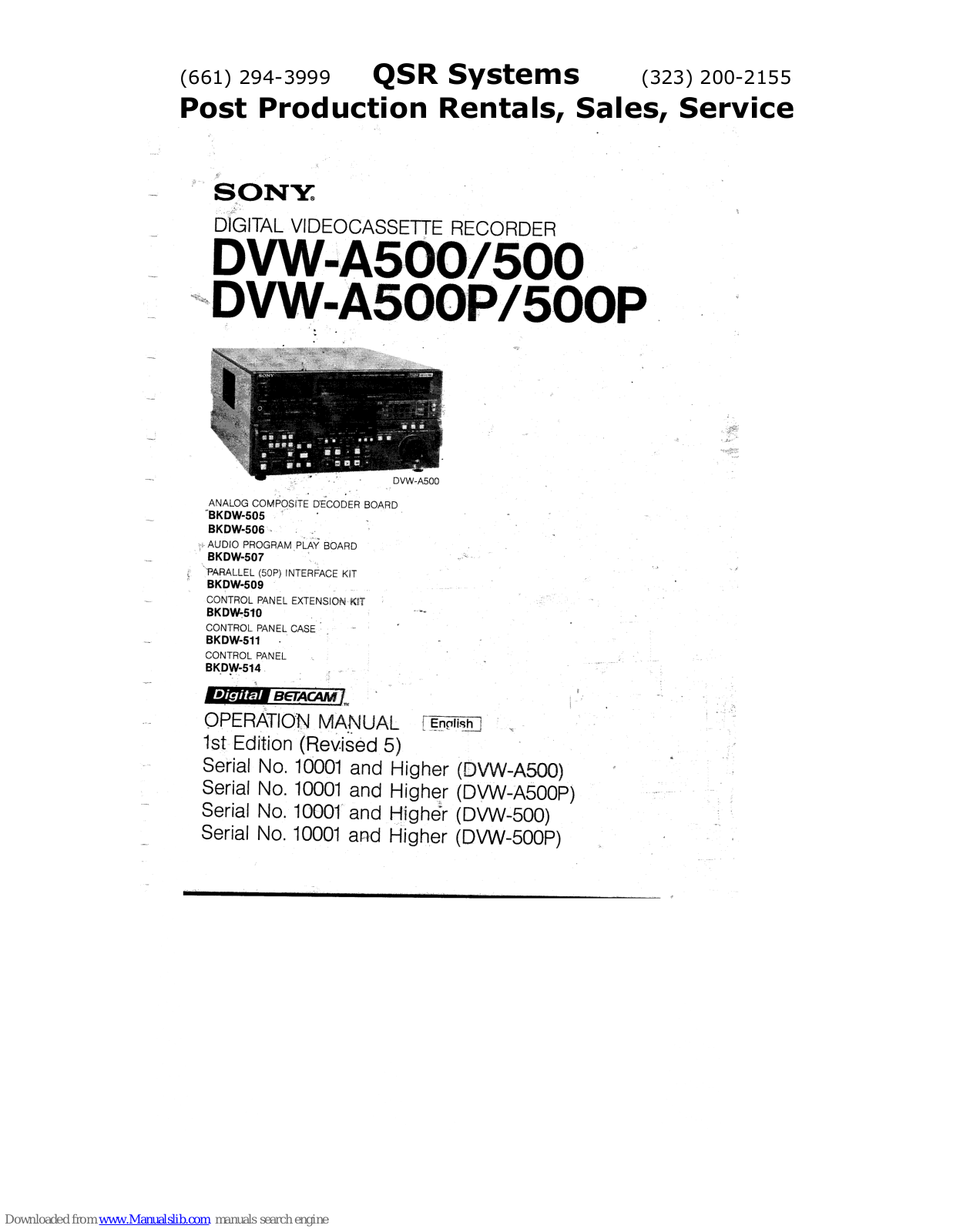 Sony DVW-A500, DVW-500, DVW-A500P, DVW-500P Operation Manual