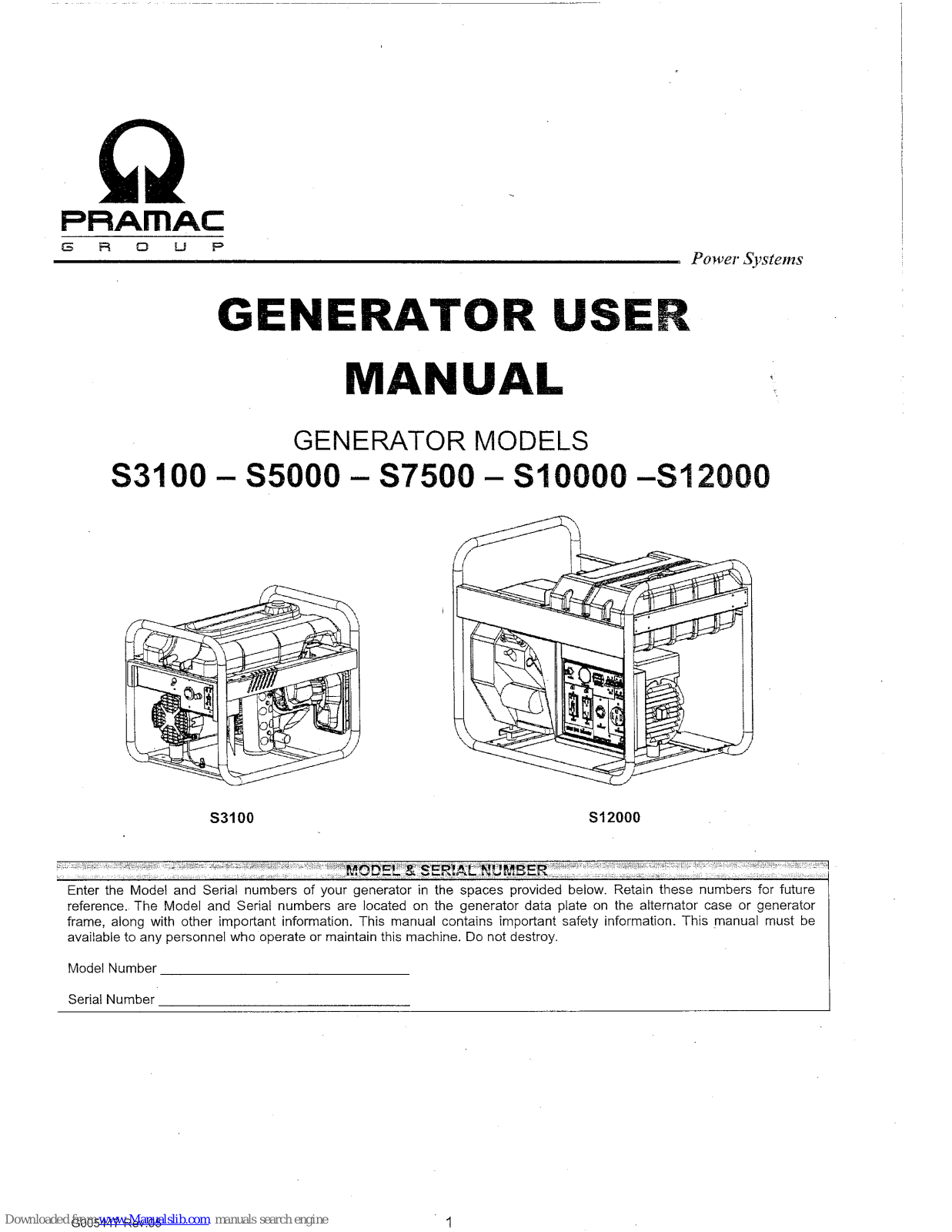 Pramac S3100, S5000, S7500, S10000, S12000 User Manual