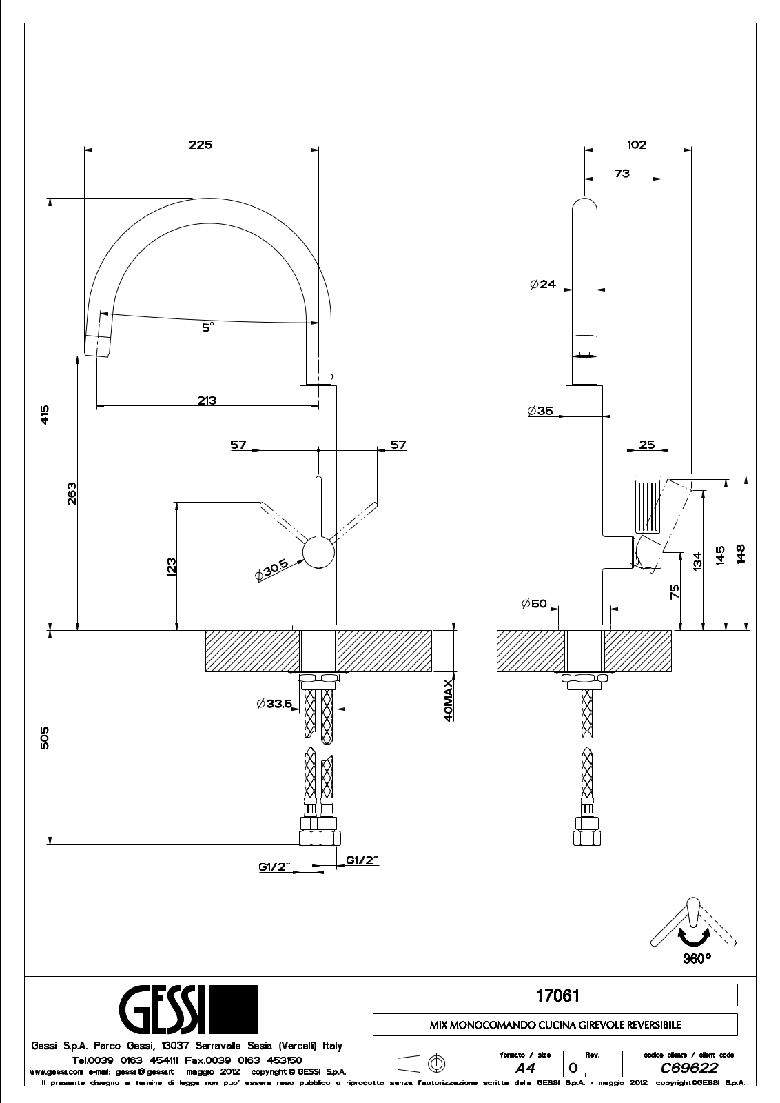 Gessi 17061BN, 17061B Specifications Sheet