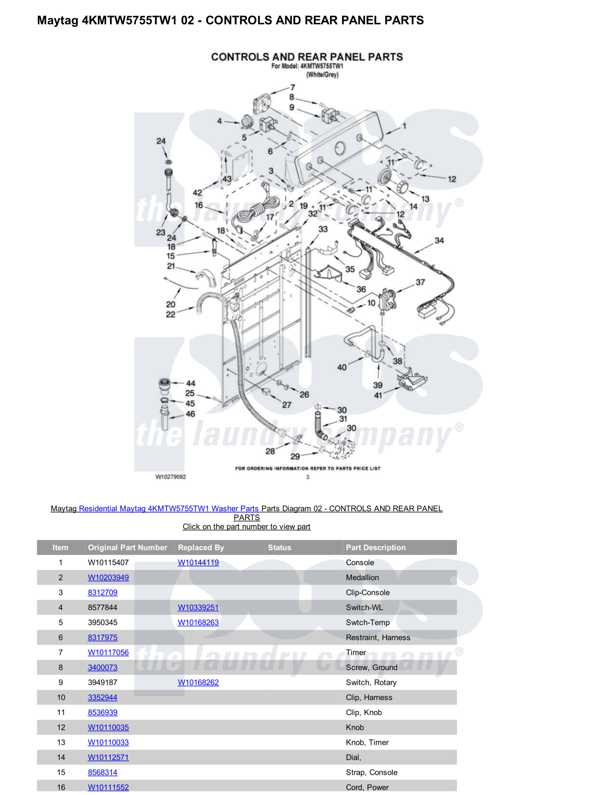 Maytag 4KMTW5755TW1 Parts Diagram