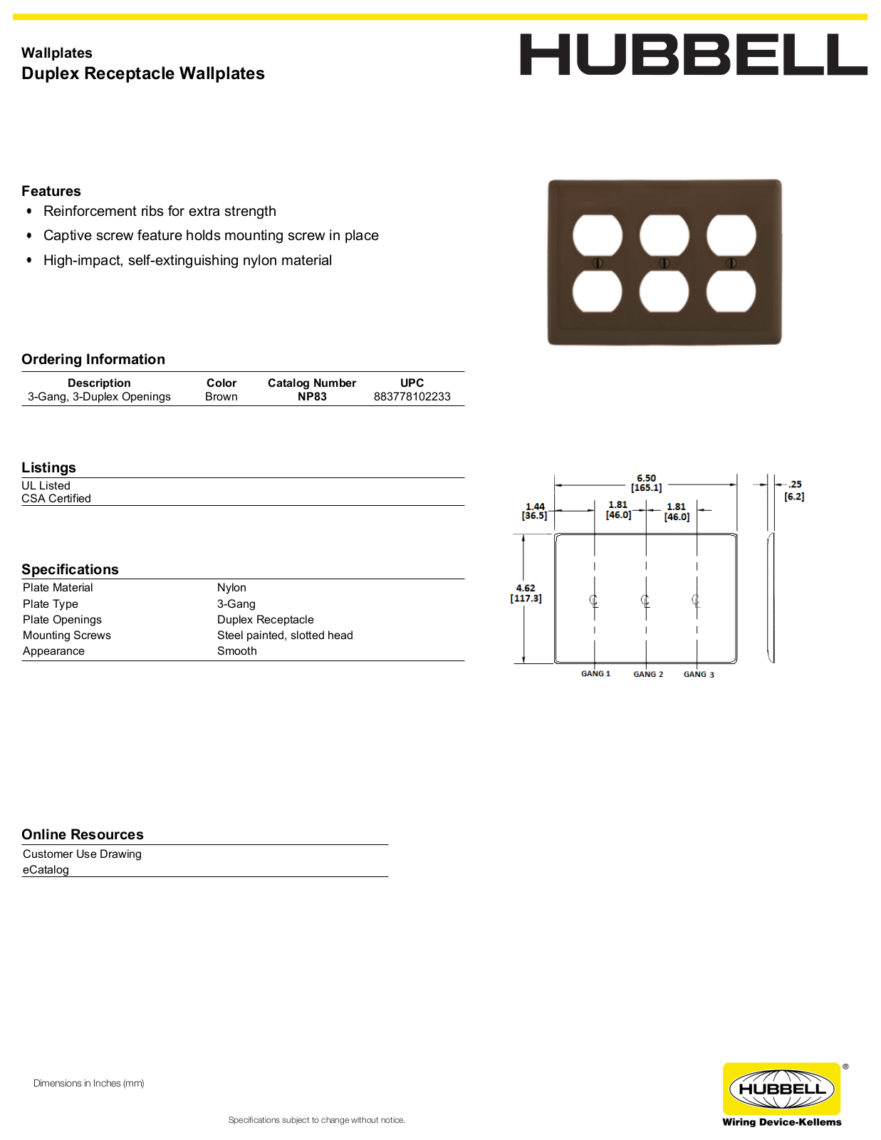 Hubbell NP83 Specifications