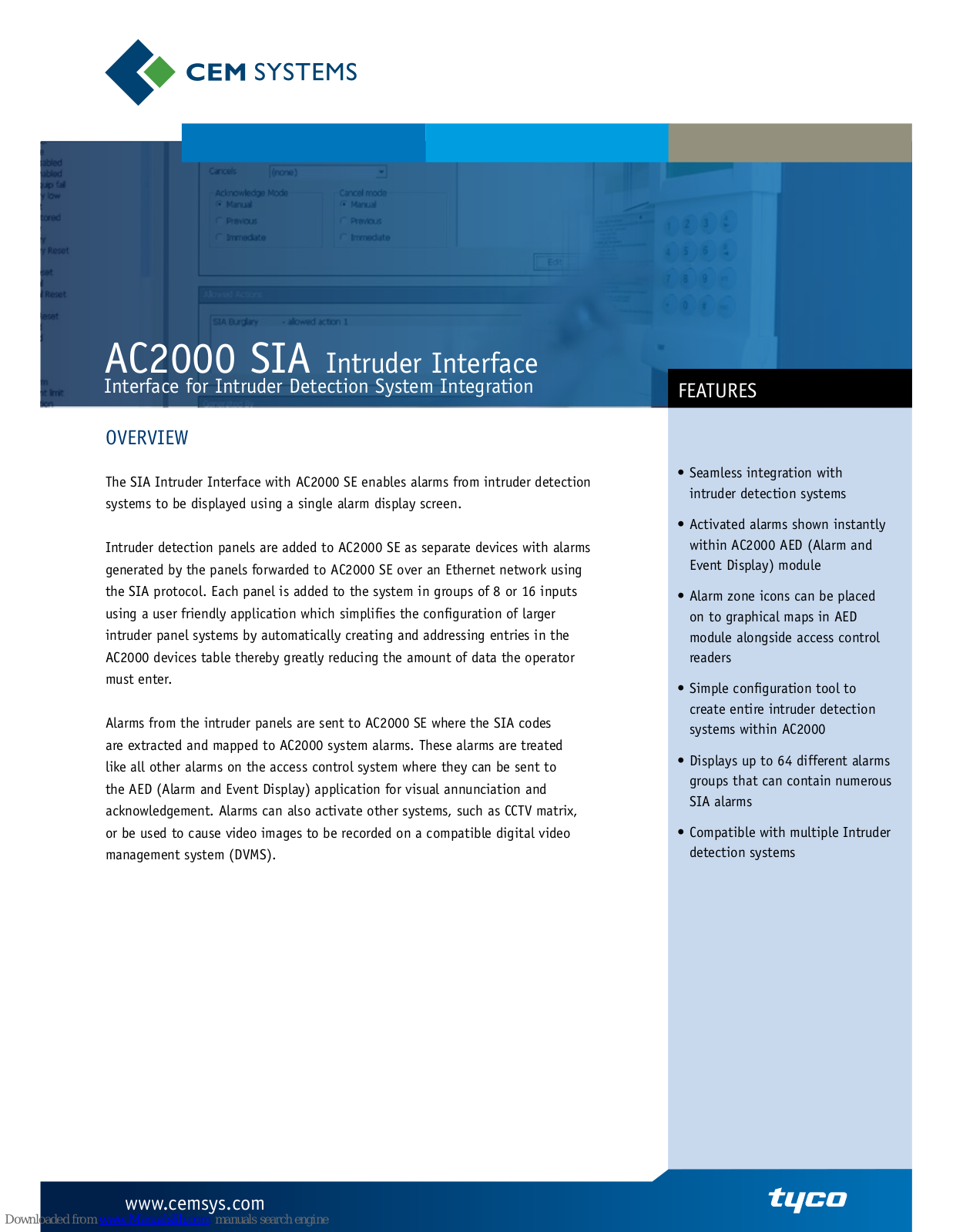 CEM Systems Intruder Interface AC2000 SIA, AC2000 Specifications
