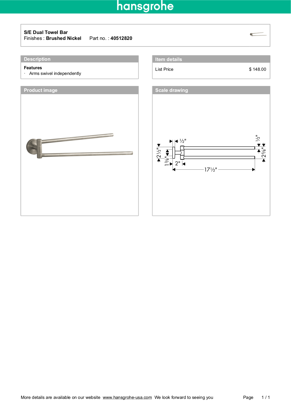 Hansgrohe 40512820 Specs