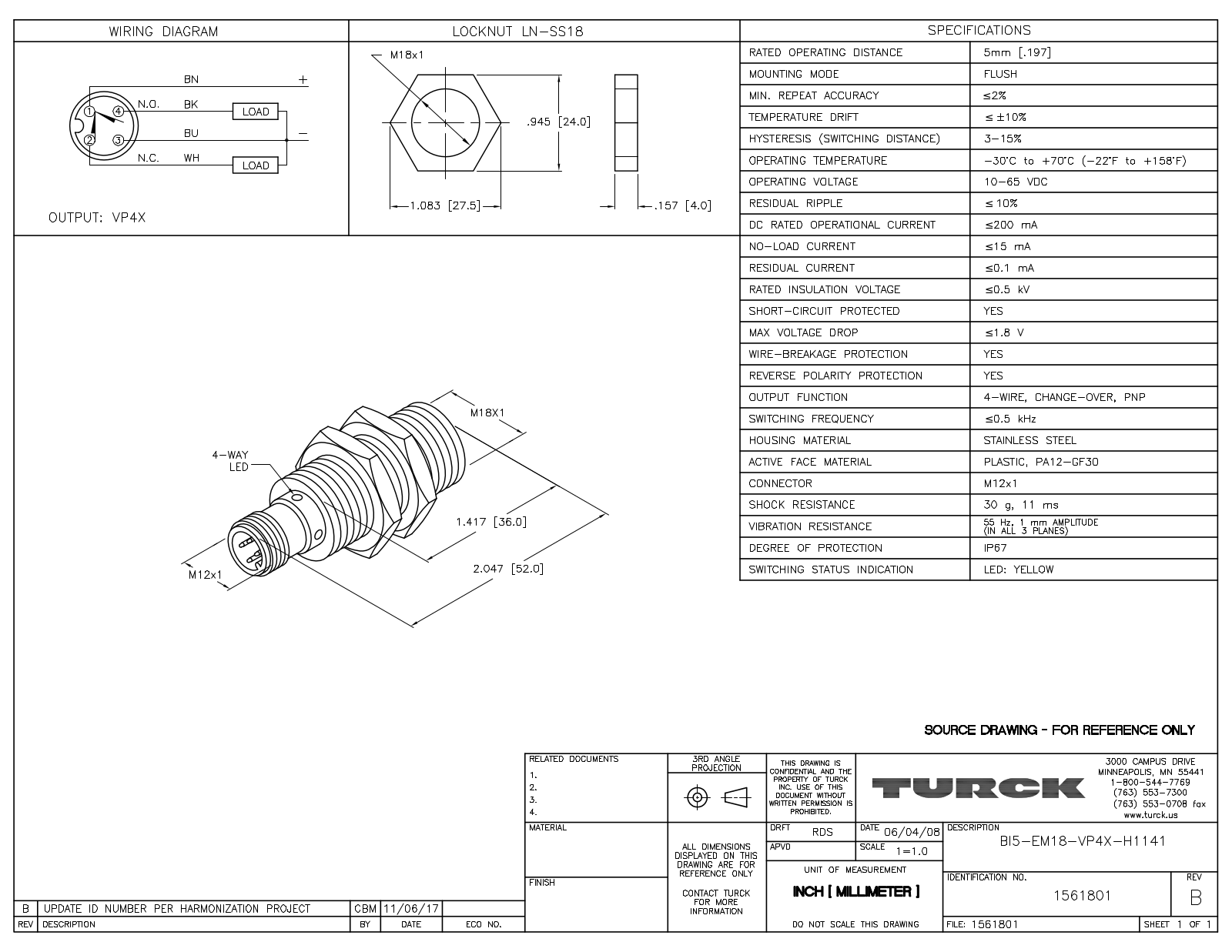 Turck BI5-EM18-VP4X-H1141 Data Sheet