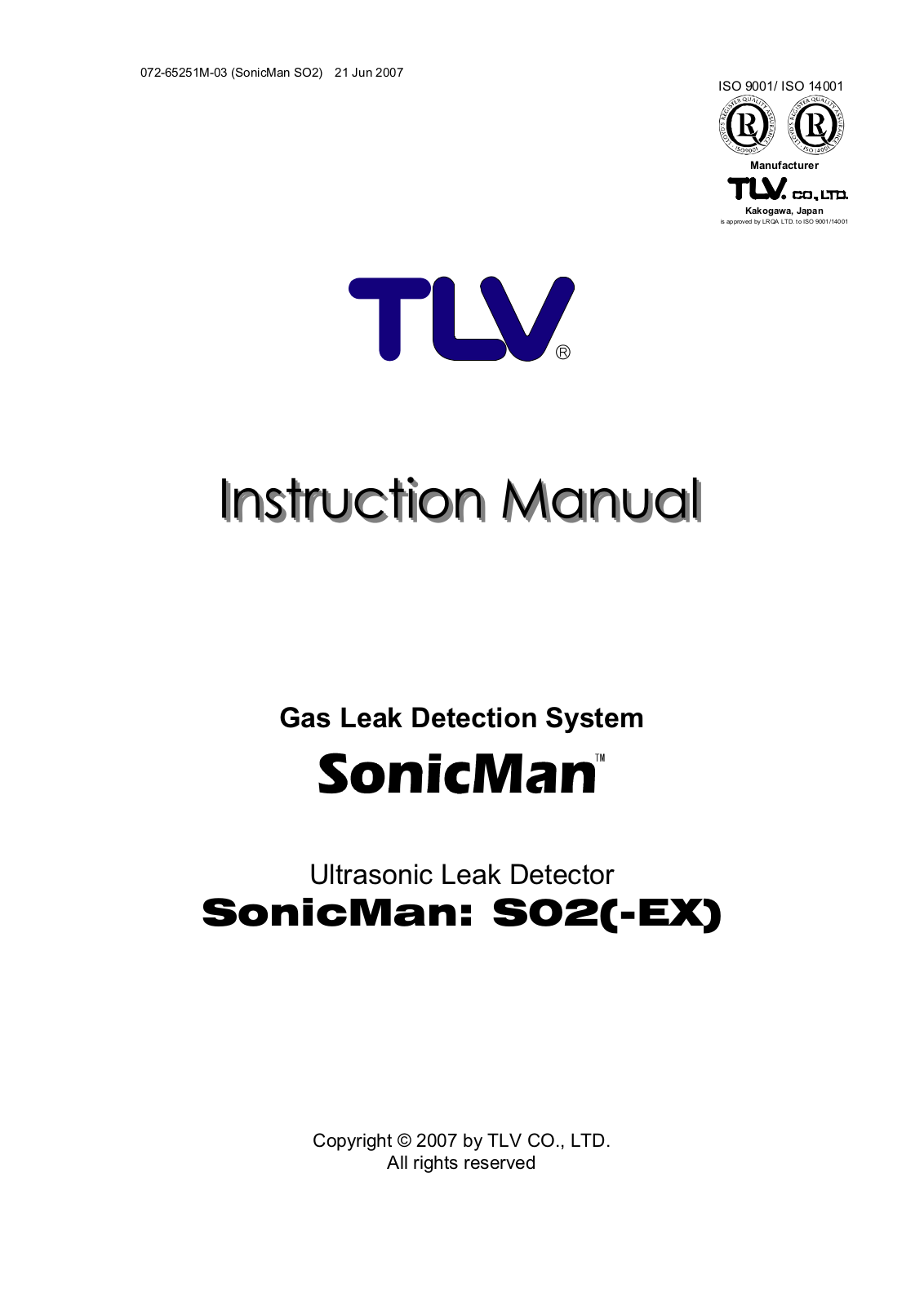 TLV SonicMan SO2, SonicMan SO2-EX Instruction Manual