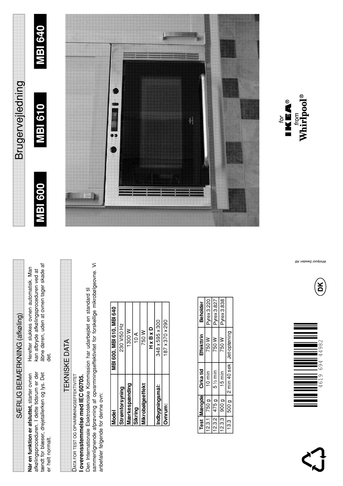 Whirlpool MBI 610 S, MBI 600 AN INSTRUCTION FOR USE