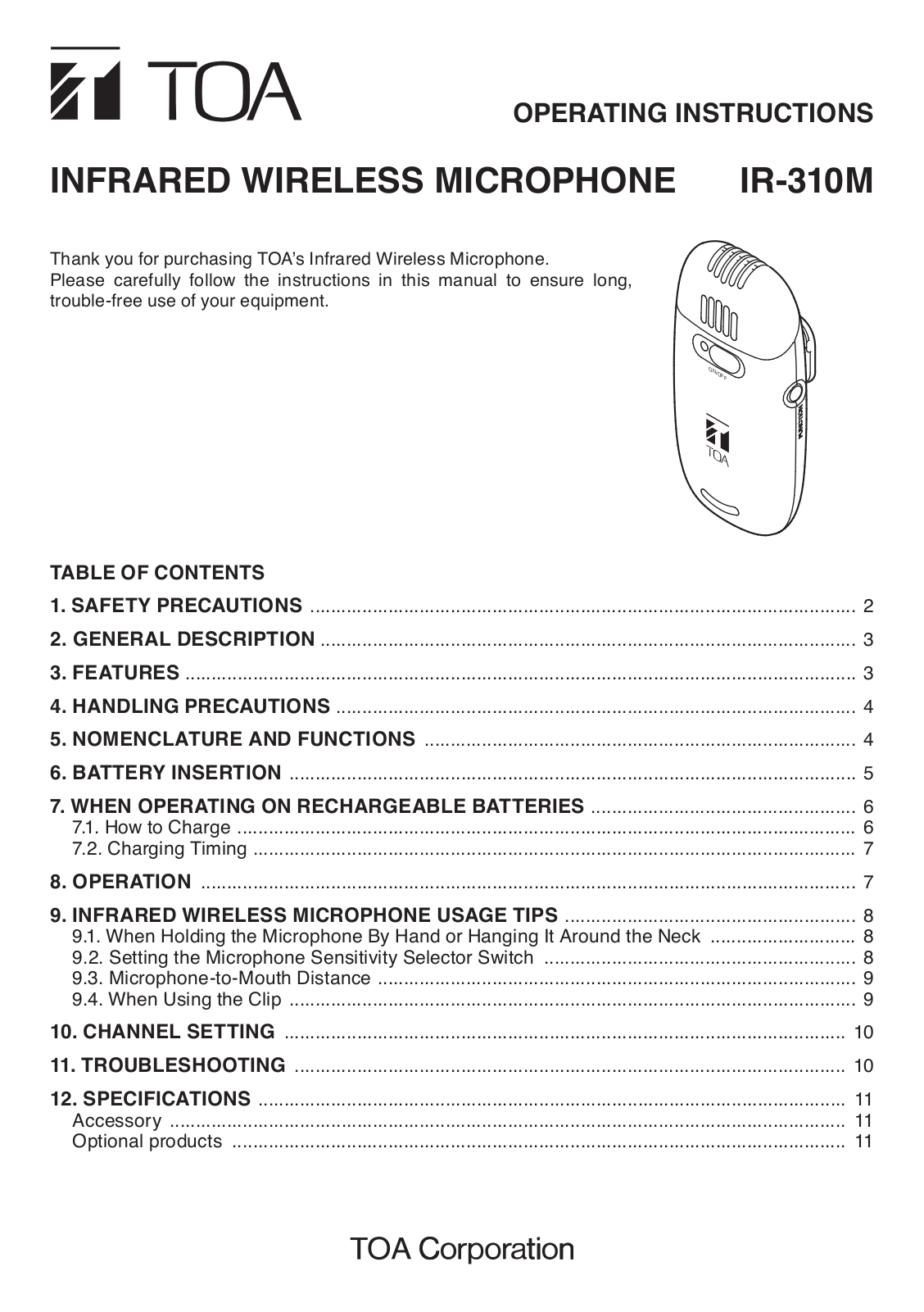 Toa IT-310M Operating Instructions Manual