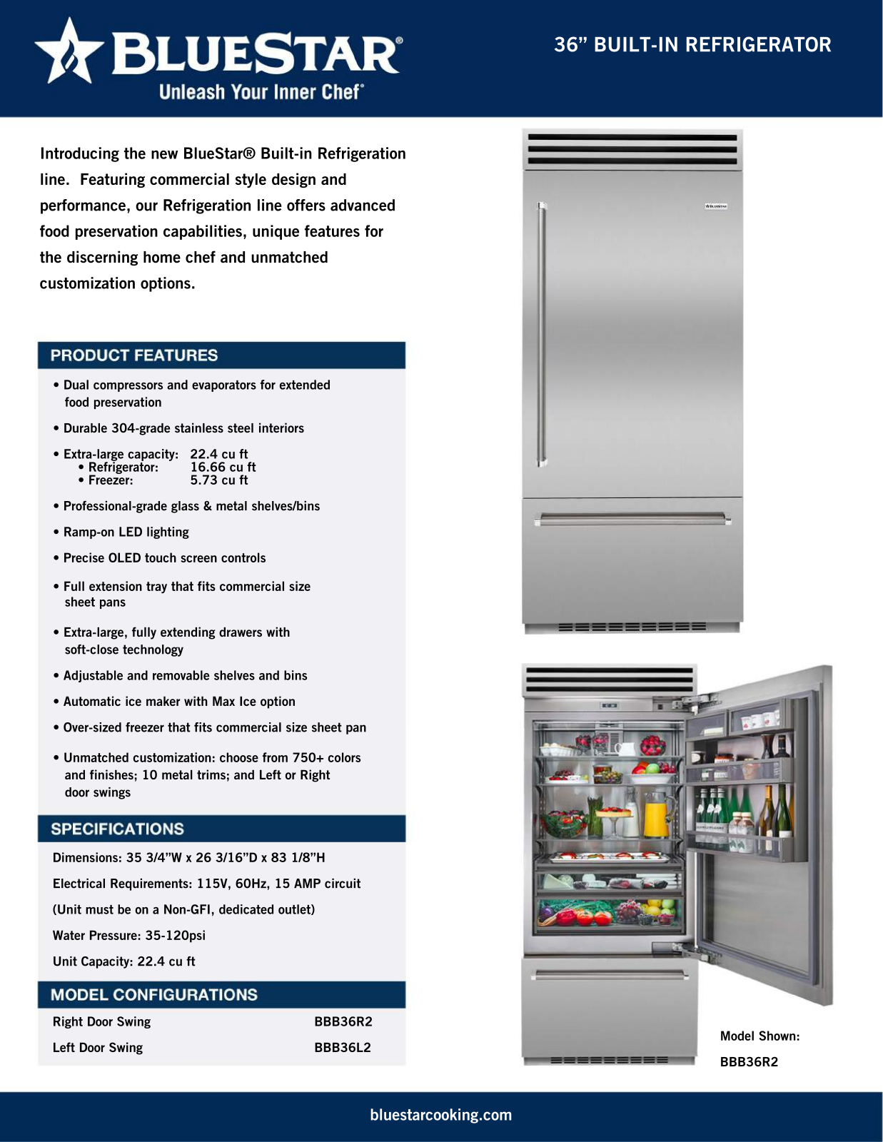 BlueStar BBB36R2, BBB36L2 Specification Sheet