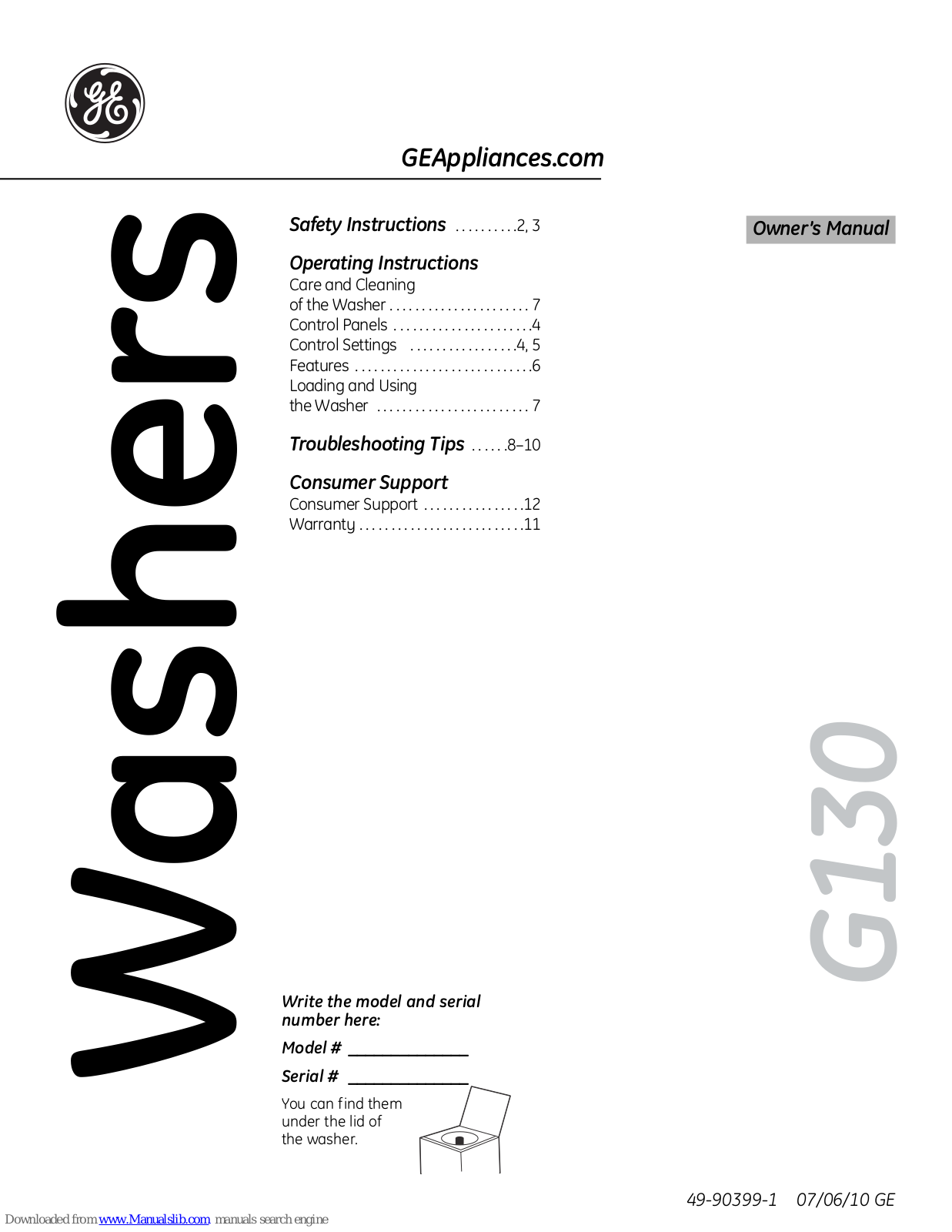 GE GCWP1000MWW, GTWN3000M, GTWP1000M, GTWP2000M, GTWP2005M Owner's Manual