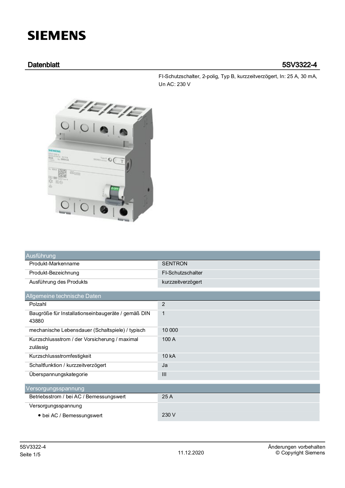 Siemens 5SV3322-4 Datenblatt