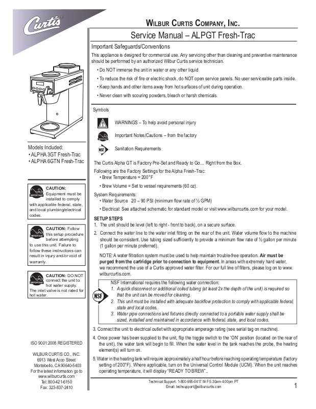 Wilbur Curtis ALPHA 3GT Service Manual