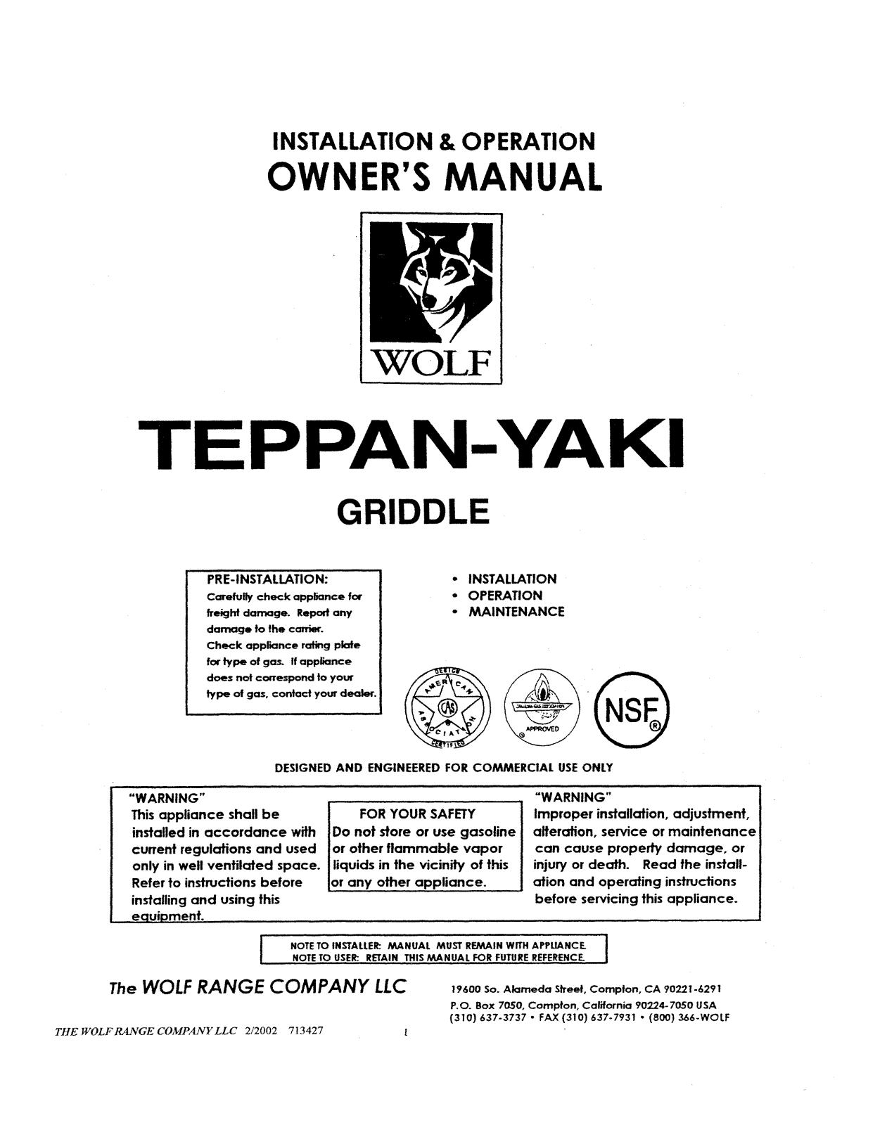 Wolf Range TEPPAN-YAKI General Manual