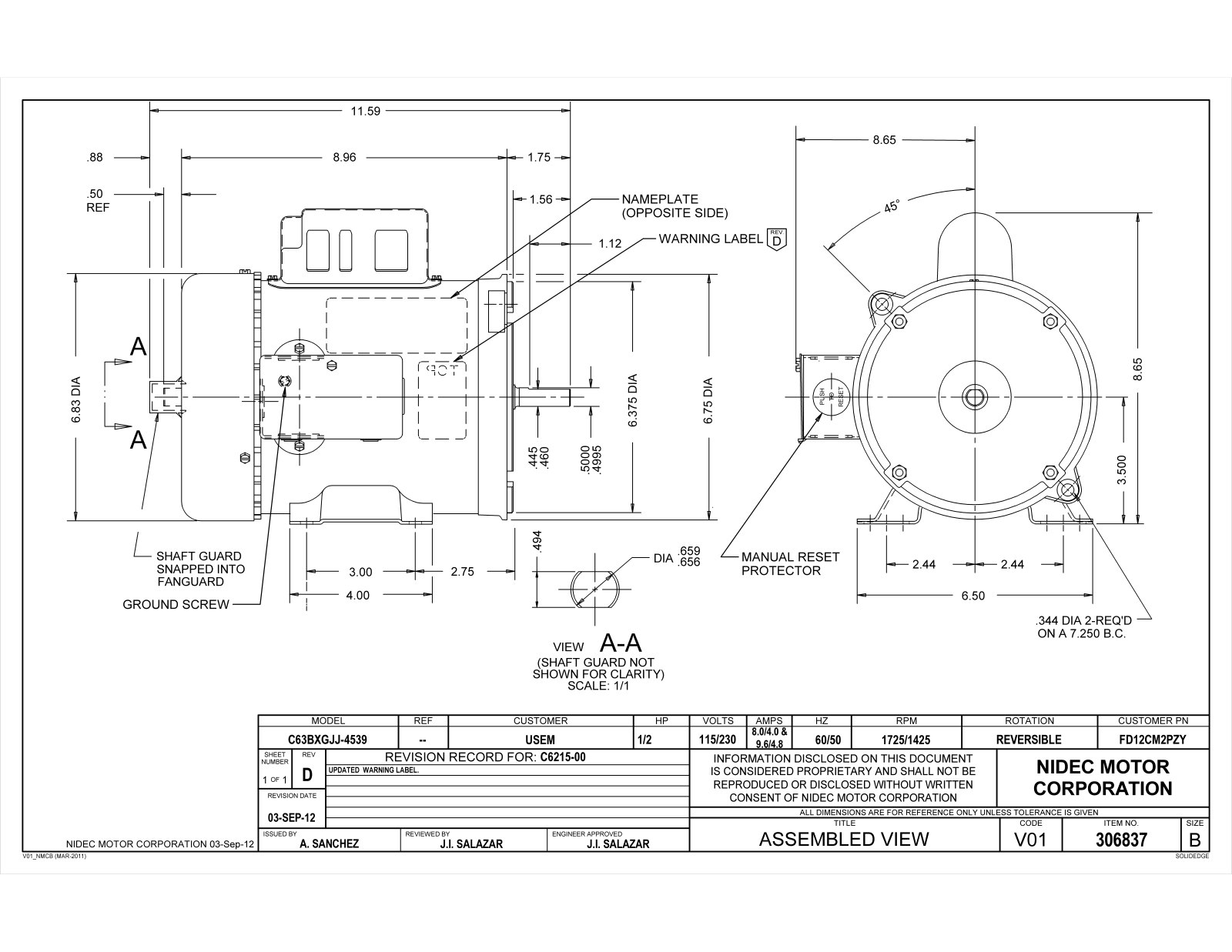 US Motors FD12CM2PZY Dimensional Sheet