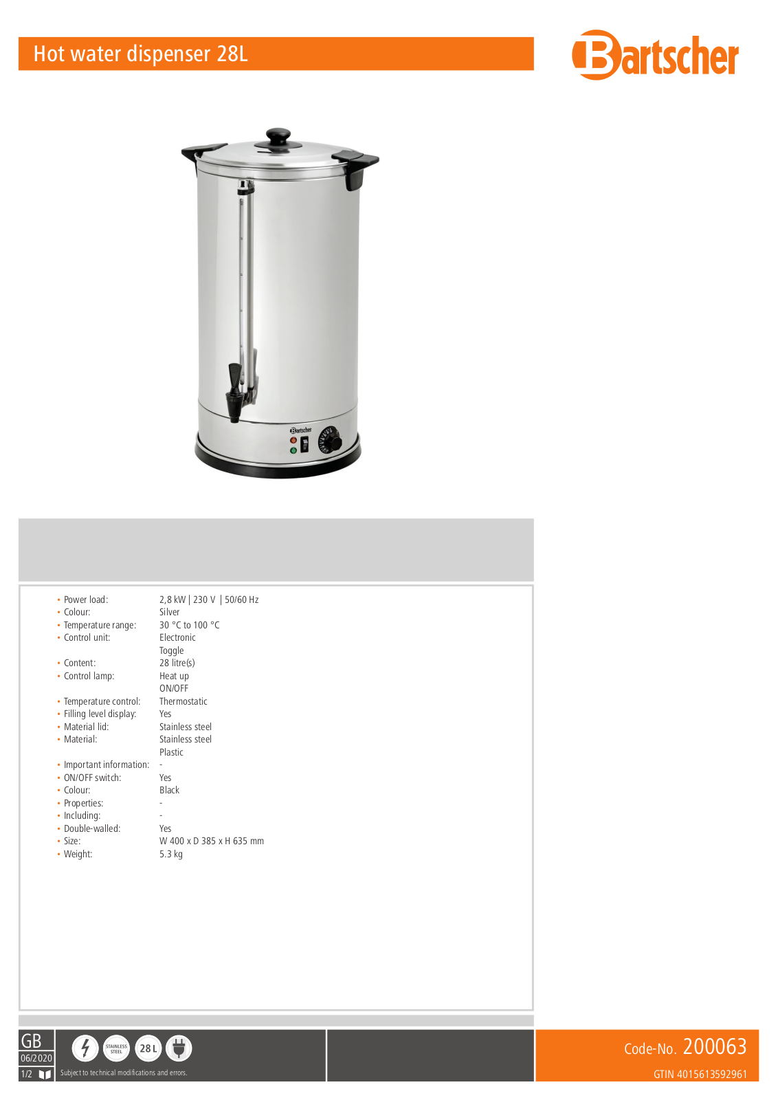 Bartscher 28l Technical data