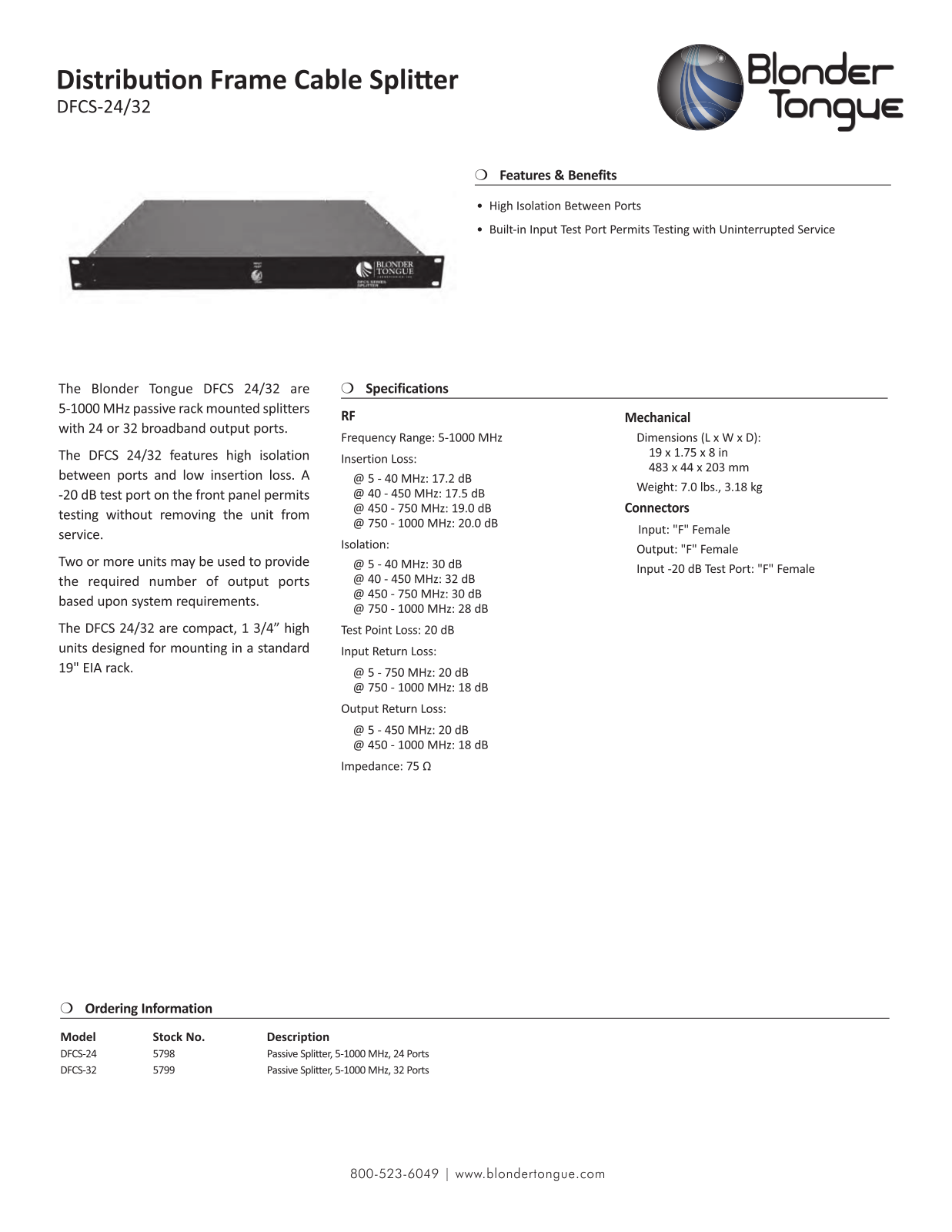 Blonder-Tongue DFCS-32 Specifications