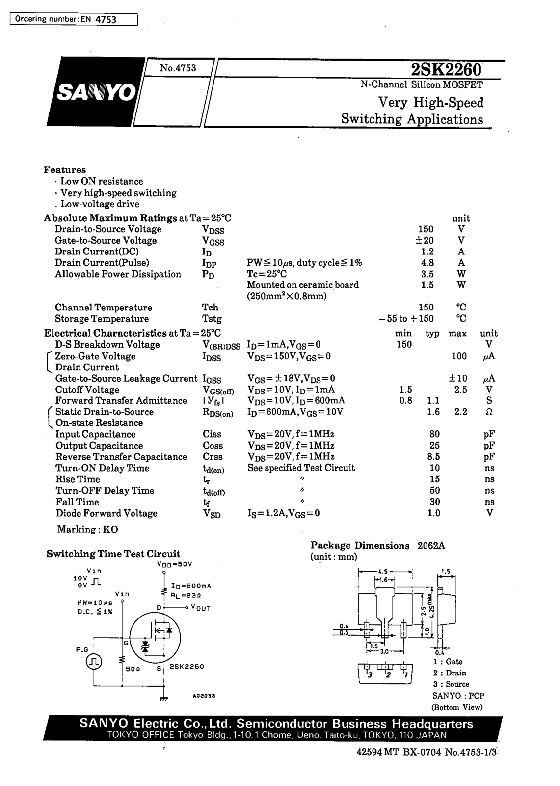 SANYO 2SK2260 Datasheet