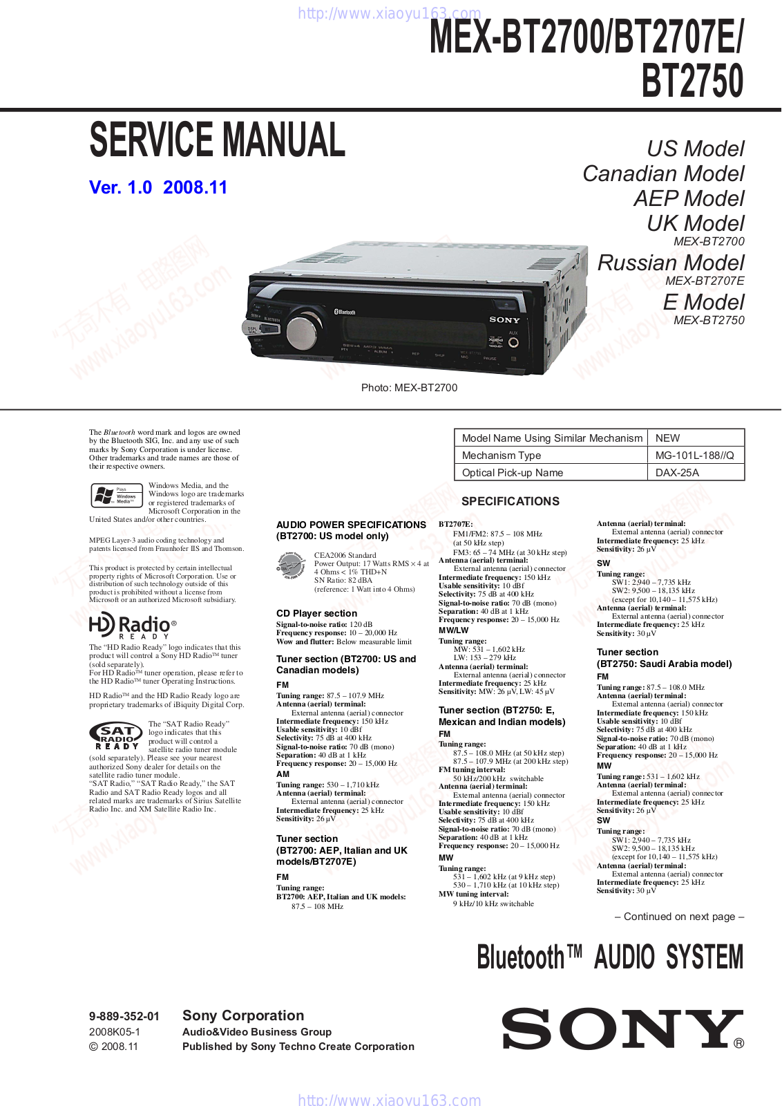 Sony MEX-BT2707E,MEX-BT2700,MEX-BT2750 Service Manual