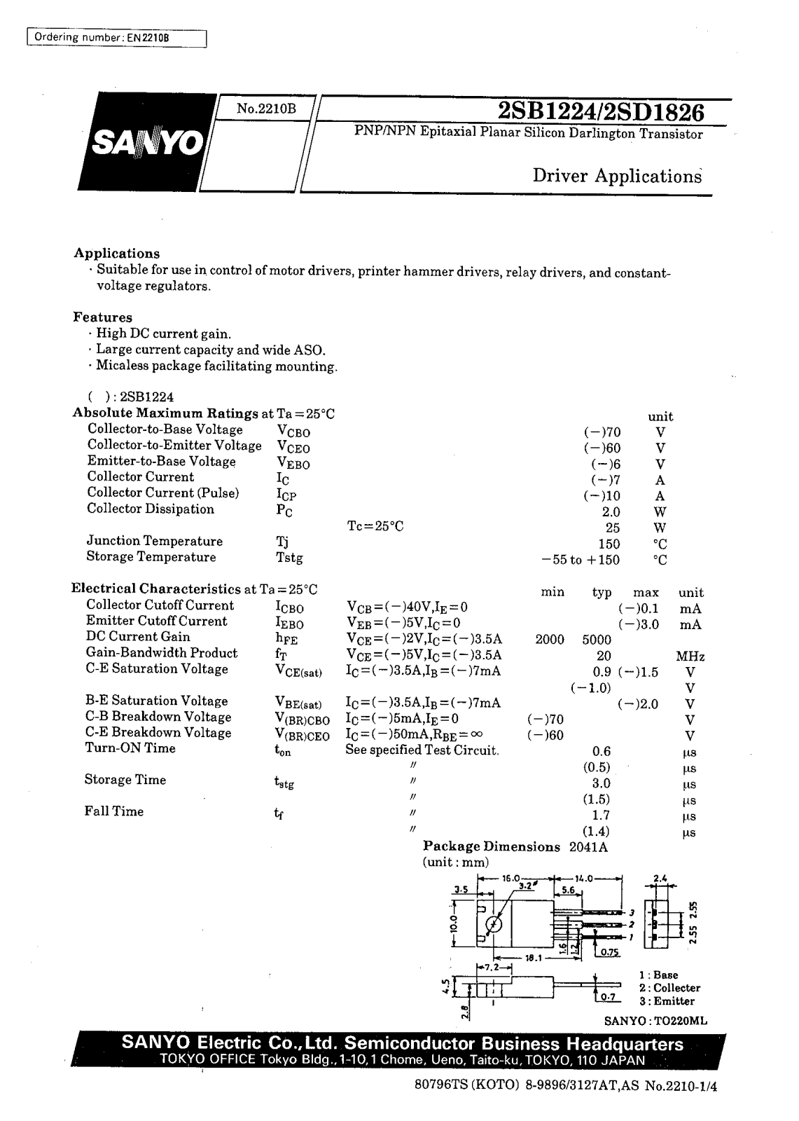 SANYO 2SD1826, 2SB1224 Datasheet