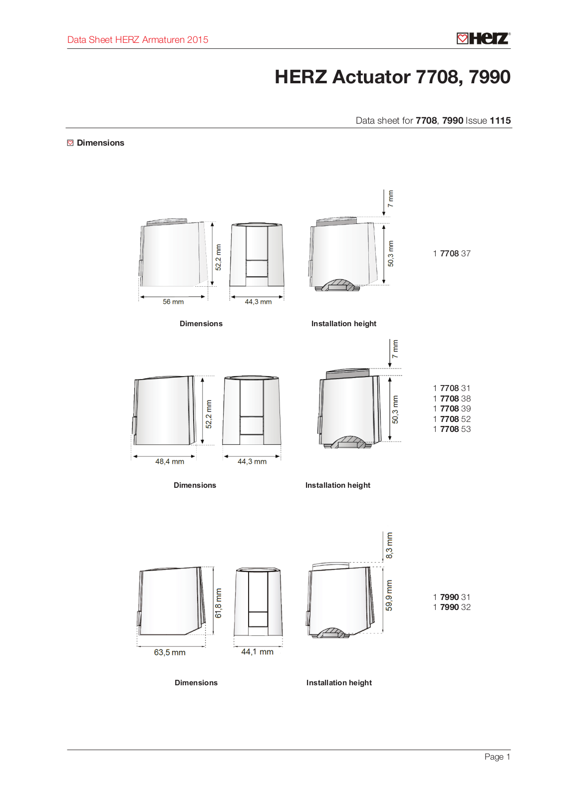 Herz 7708, 7708 31, 7990, 7708 38, 7708 39 Datasheet