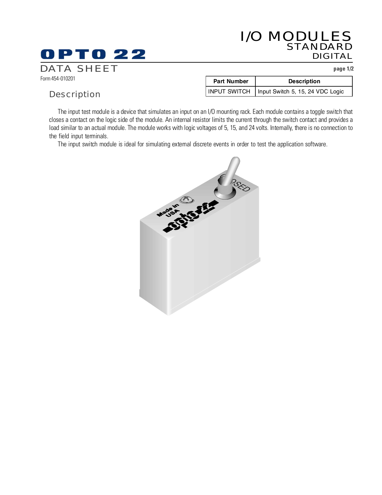 Opto 22 INPUTSWITCH Data Sheet