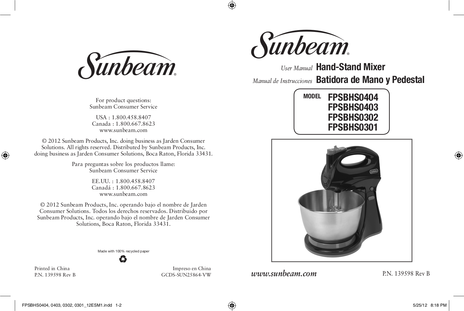 Sunbeam FPSBHS0302, FPSBHS0403, FPSBHS0404 User Manual