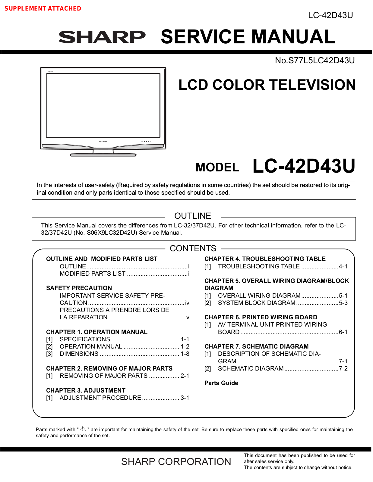 Sharp LC46D43U - Aquos - 720p LCD HDTV, Aquos LC-42D43U Service Manual