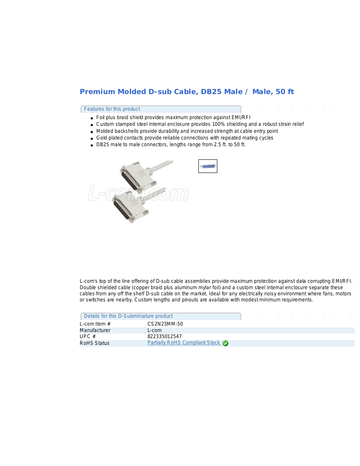 L-com DB25 Male-Male 50 ft User Manual - ManualMachine.com